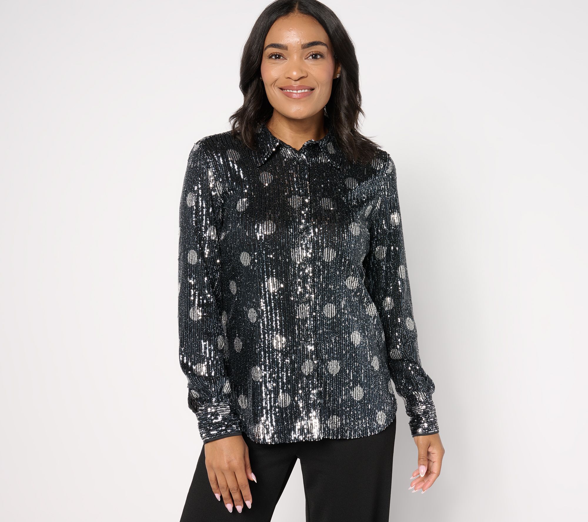 "As Is" Isaac Mizrahi Live! Always Isaac Printed Sequin Button Top