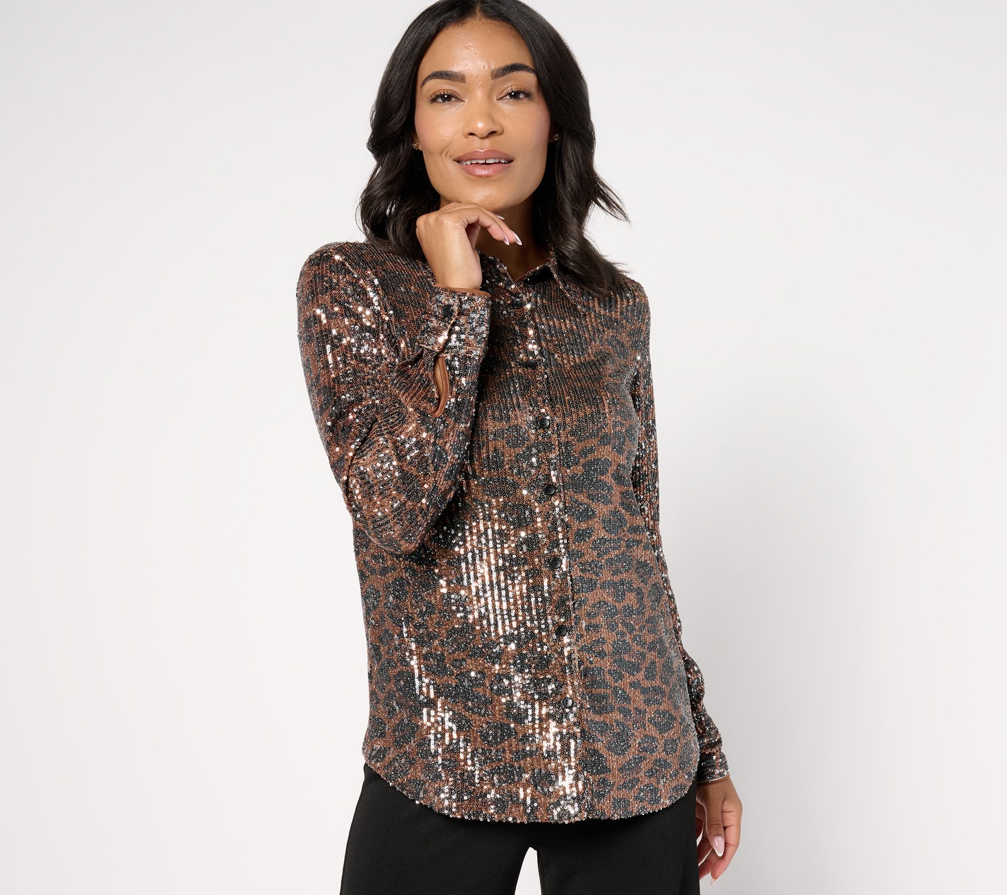 "As Is" Isaac Mizrahi Live! Always Isaac Printed Sequin Button Top