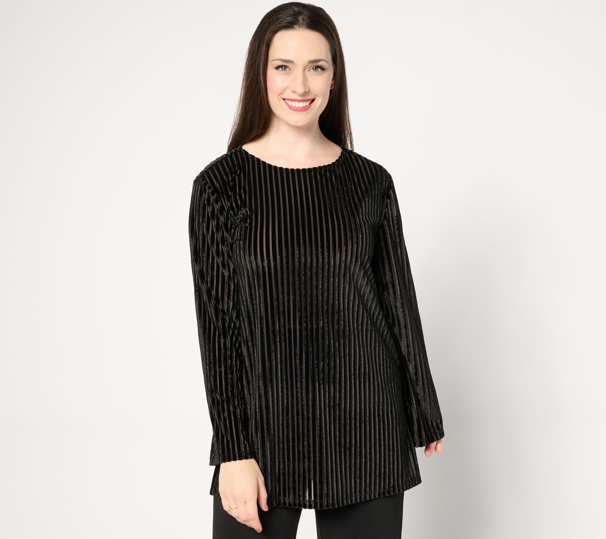 "As Is" Dennis Basso Striped Stretch Velvet Tunic with Bell Sleeves