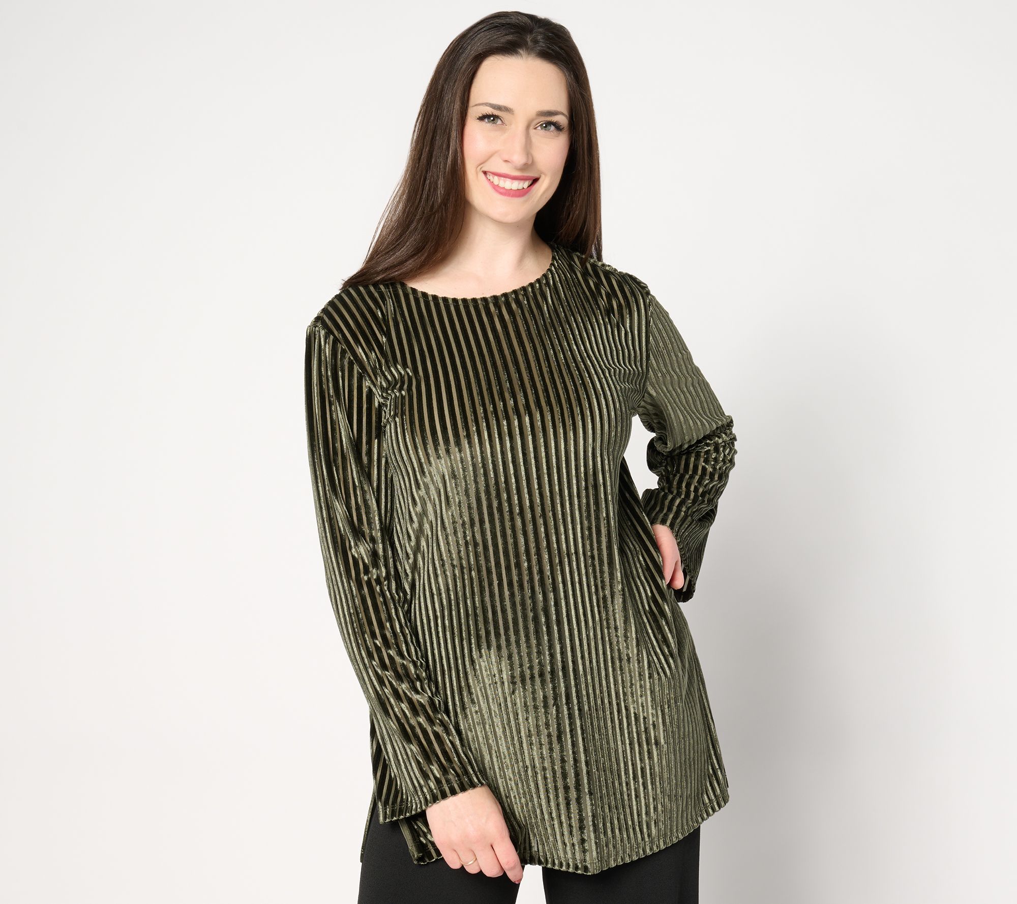 "As Is" Dennis Basso Striped Stretch Velvet Tunic with Bell Sleeves