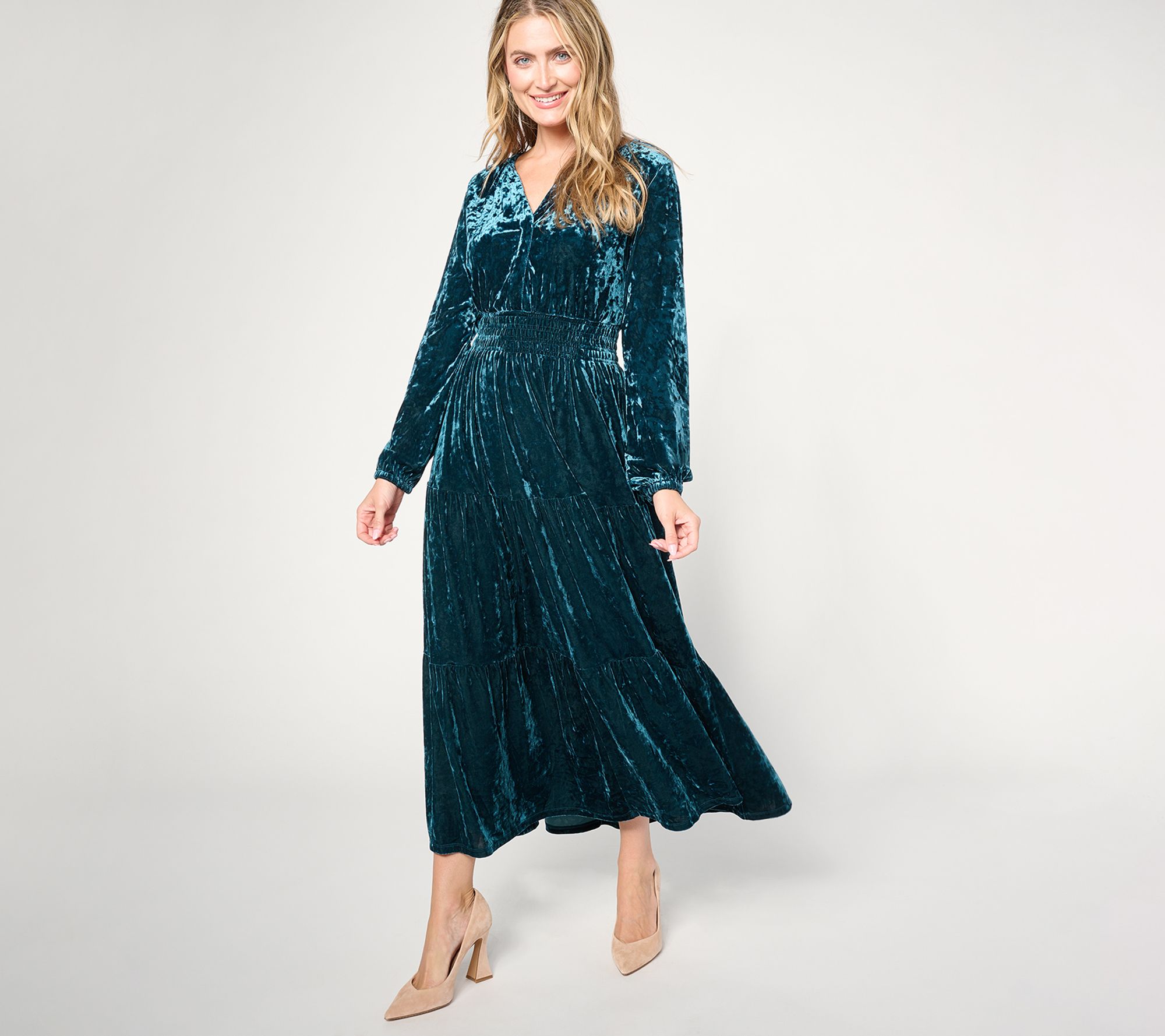 "As Is" Belle Boho by Kim Gravel Petite Crushed Velvet Tier Maxi Dress