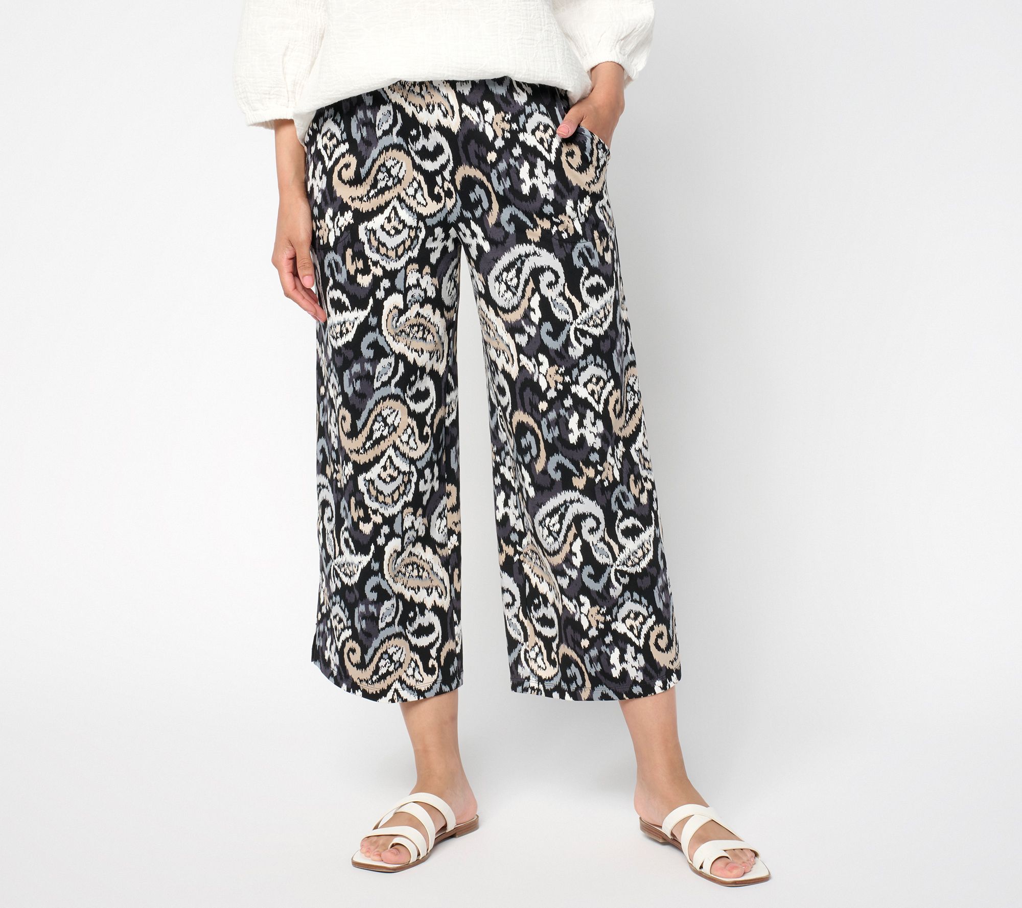 Denim & Co. Beach Jersey Petite Printed or Solid Wide Leg Crop Pants