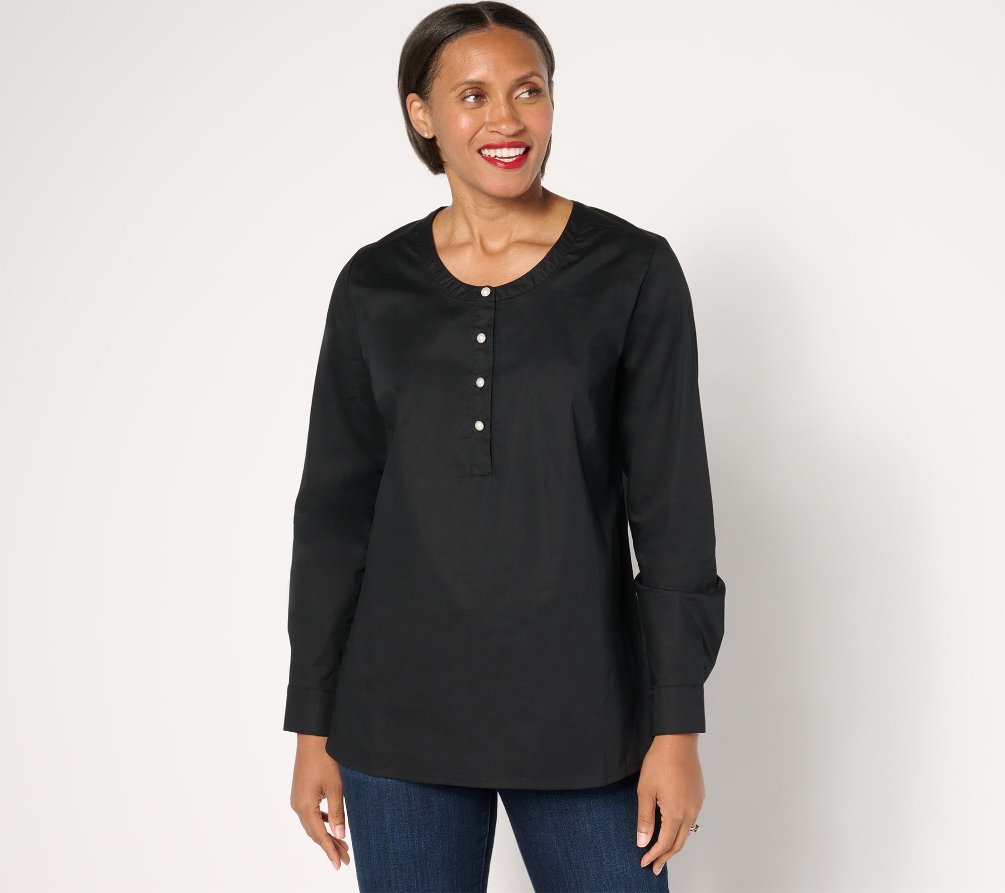 "As Is" Denim & Co. Petite Poplin Tunic with Pearl Buttons