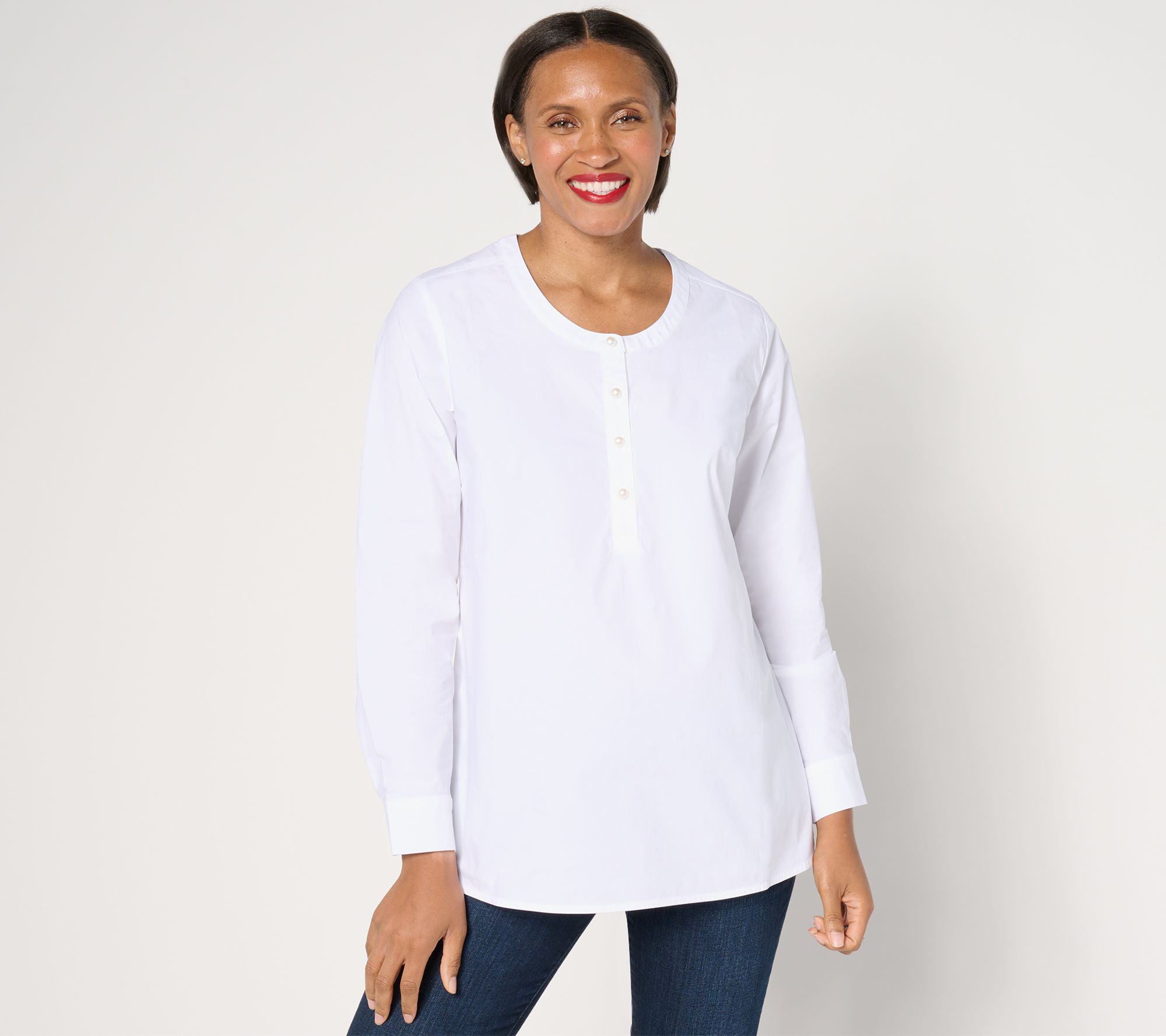 "As Is" Denim & Co. Petite Poplin Tunic with Pearl Buttons