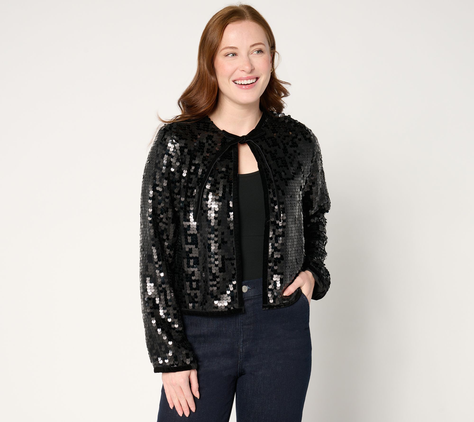 "As Is" by Stacy London Sequin Tie Neck Open Front Jacket
