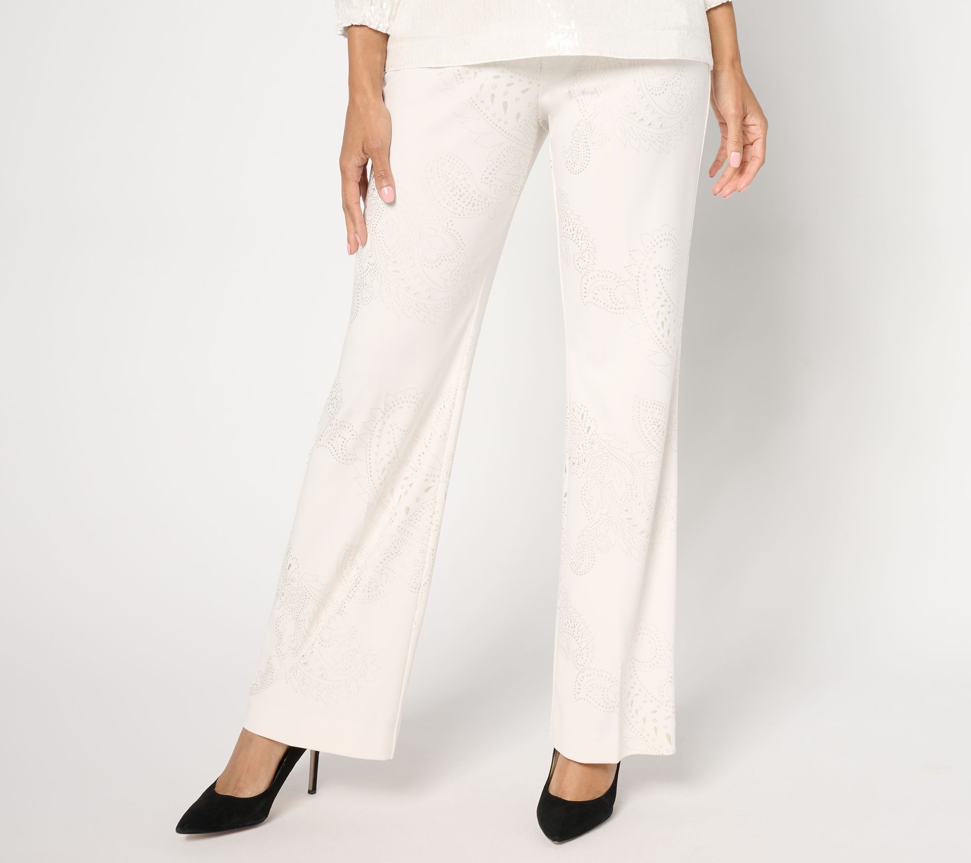 "As Is" Susan Graver Petite Metallic Print LK Fusion Boot Cut Pants