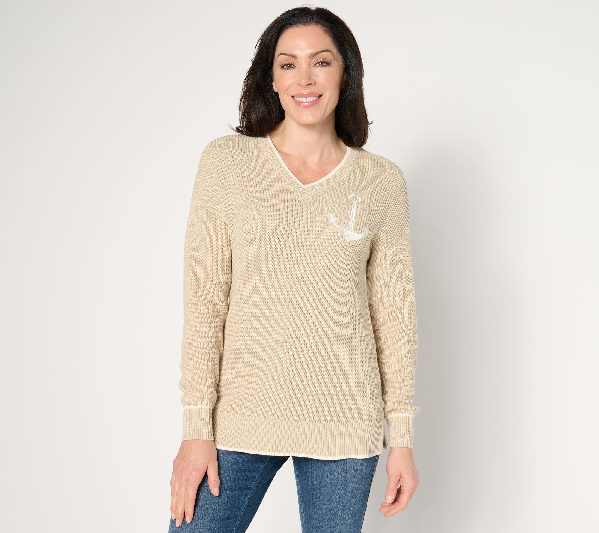 "As Is" Belle by Kim Gravel Anchors Away Shaker Knit V-Neck Sweater