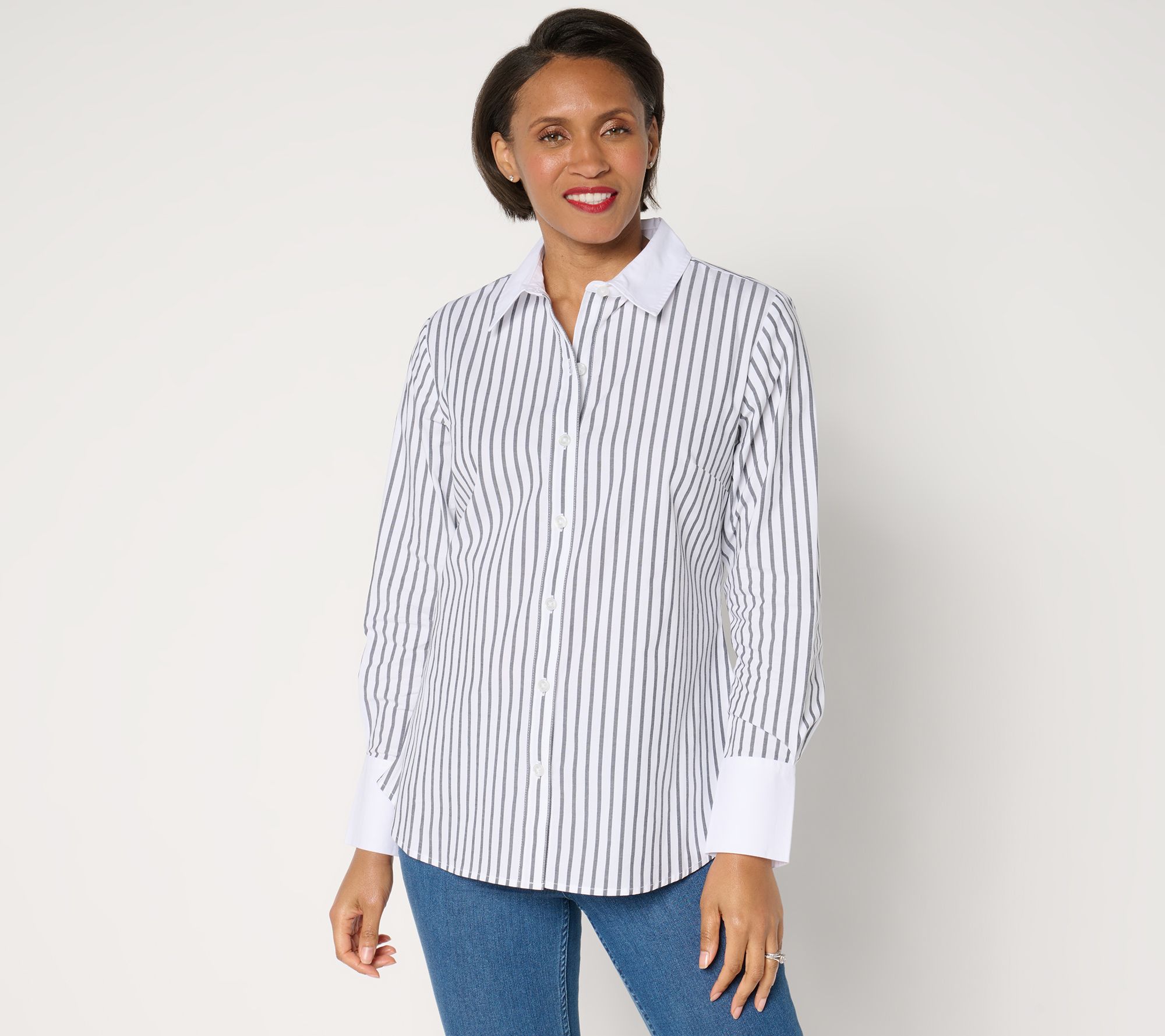 "As Is" Joan Rivers Long Sleeve Stripe Button Front Shirt