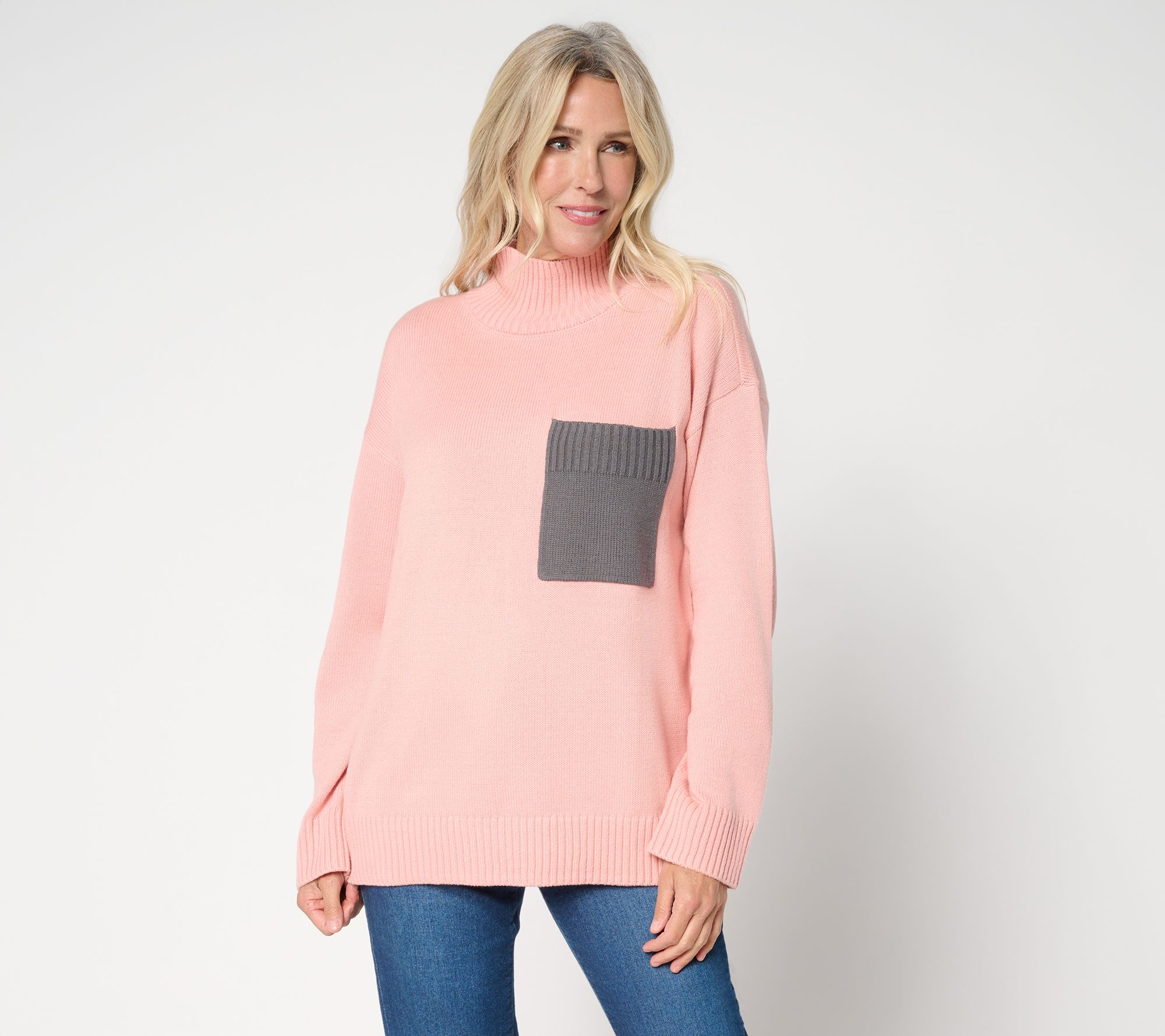 Peace Love World Cotton Turtleneck Color Block Pocket
