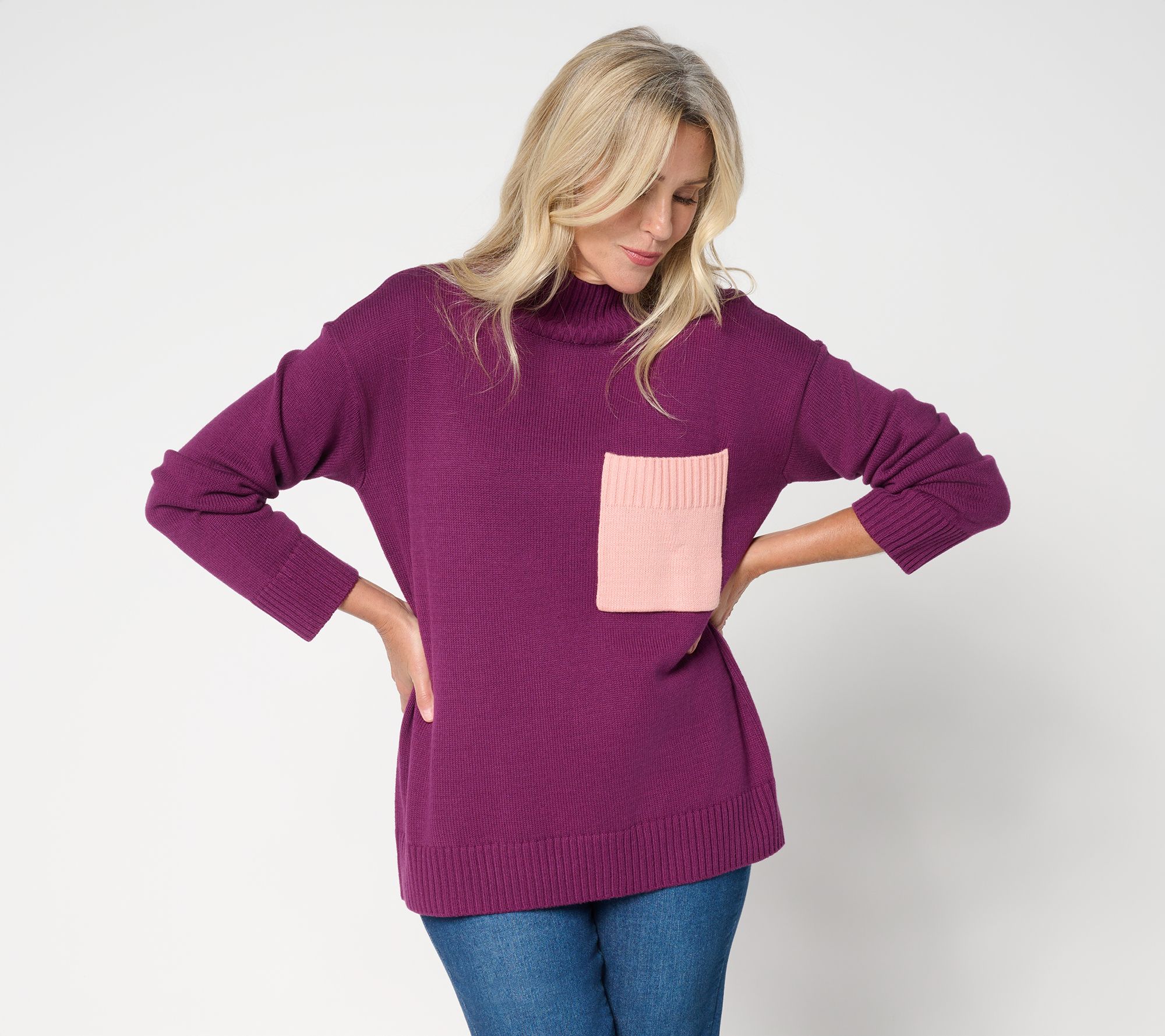 Peace Love World Cotton Turtleneck Color Block Pocket Sweater