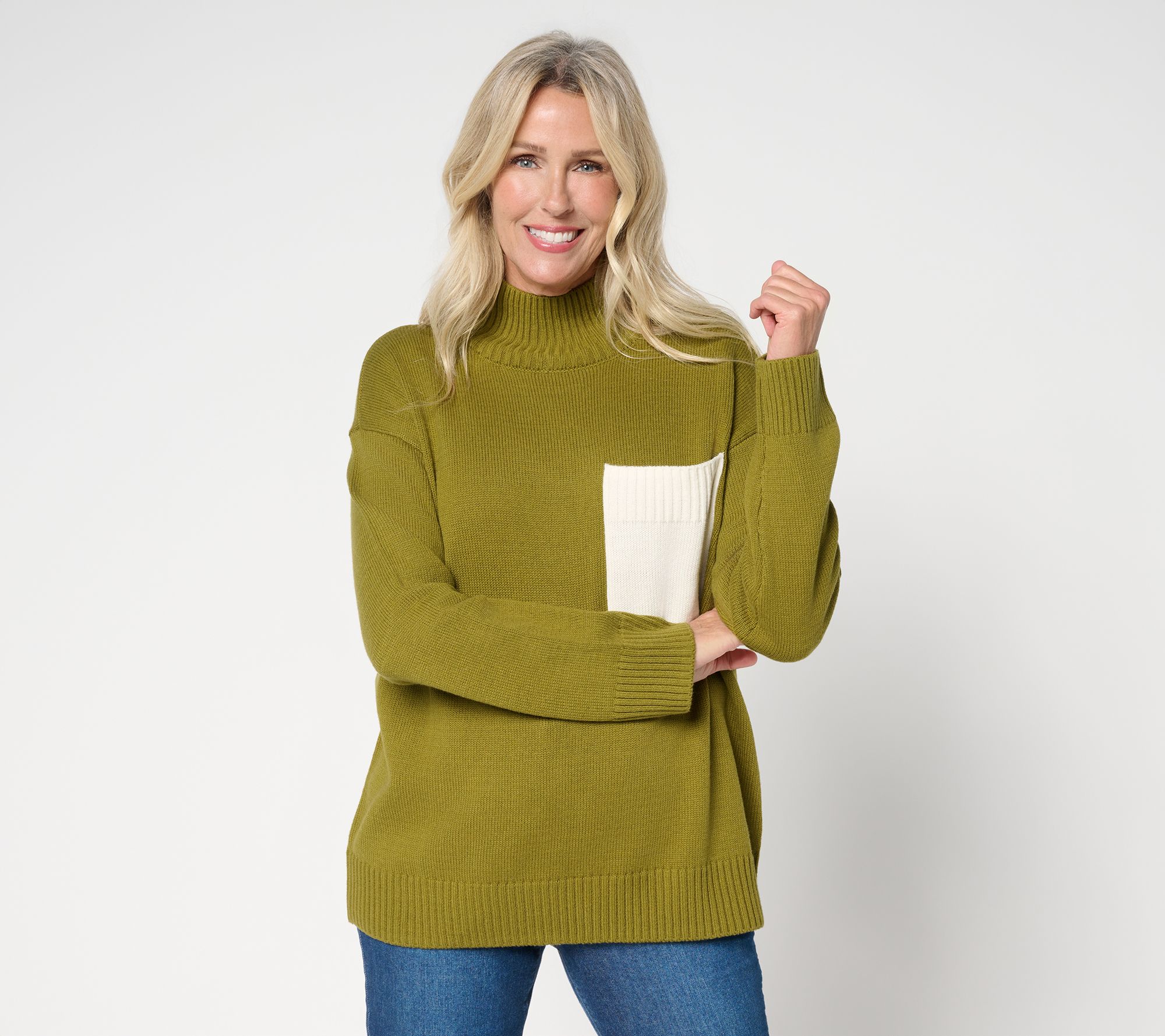 Peace Love World Cotton Turtleneck Color Block Pocket Sweater