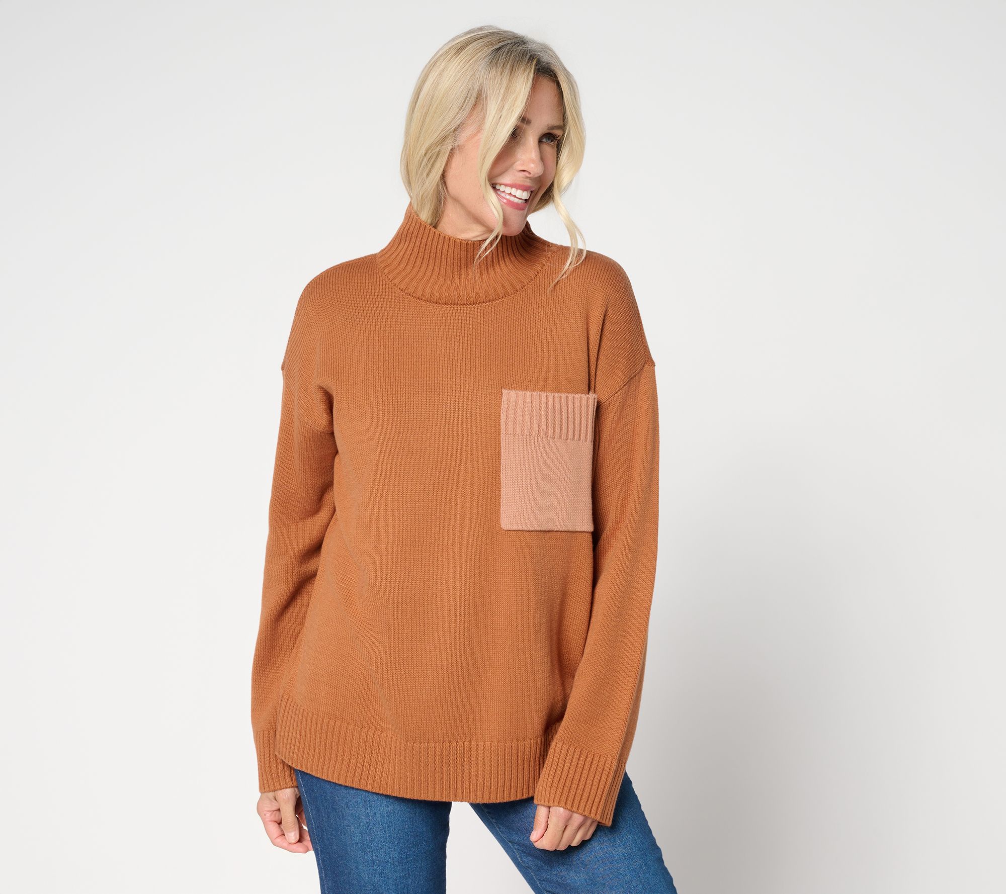 Peace Love World Cotton Turtleneck Color Block Pocket Sweater