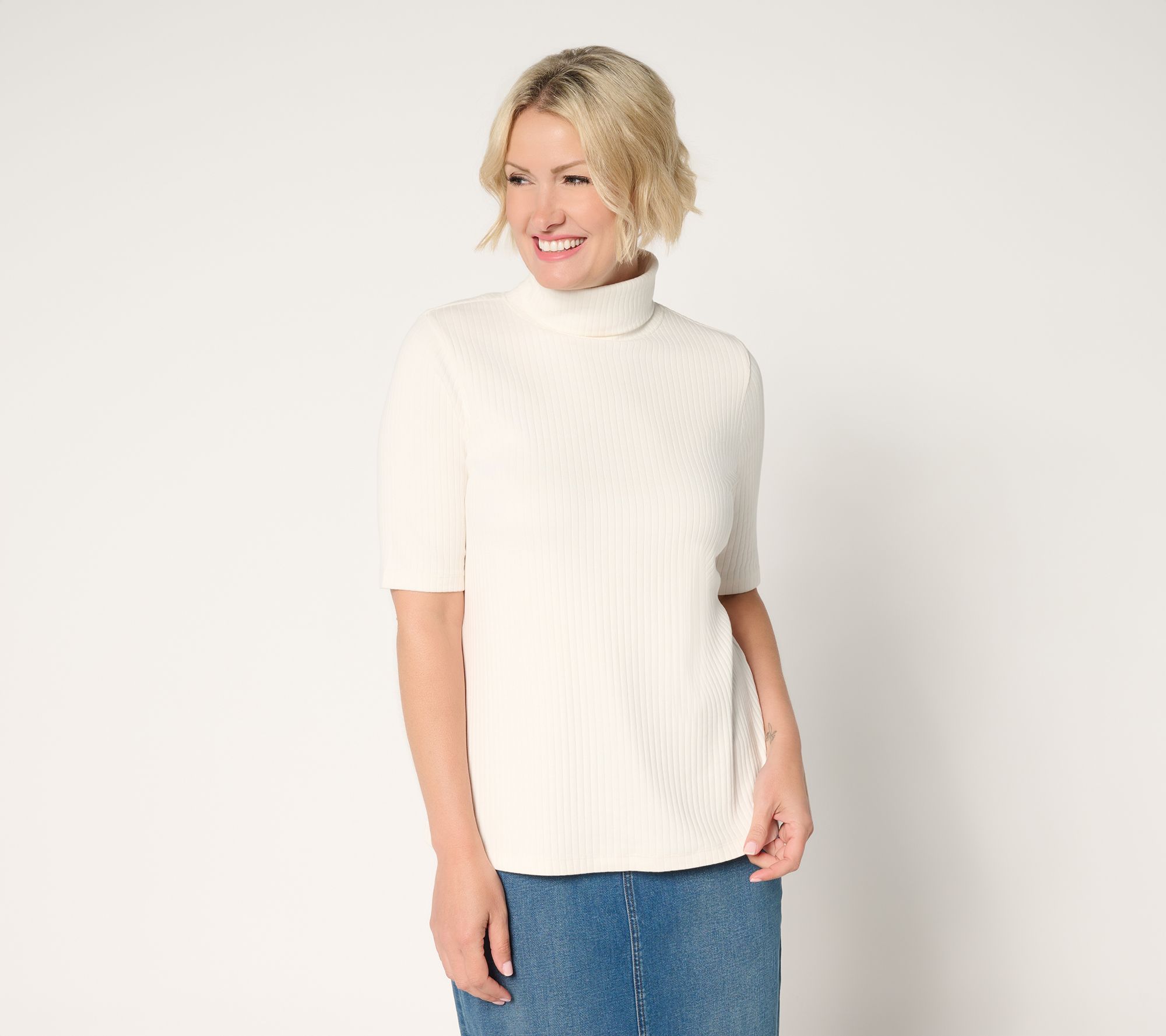 Denim & Co. Essentials Ribbed Elbow Sleeve Turtleneck Top