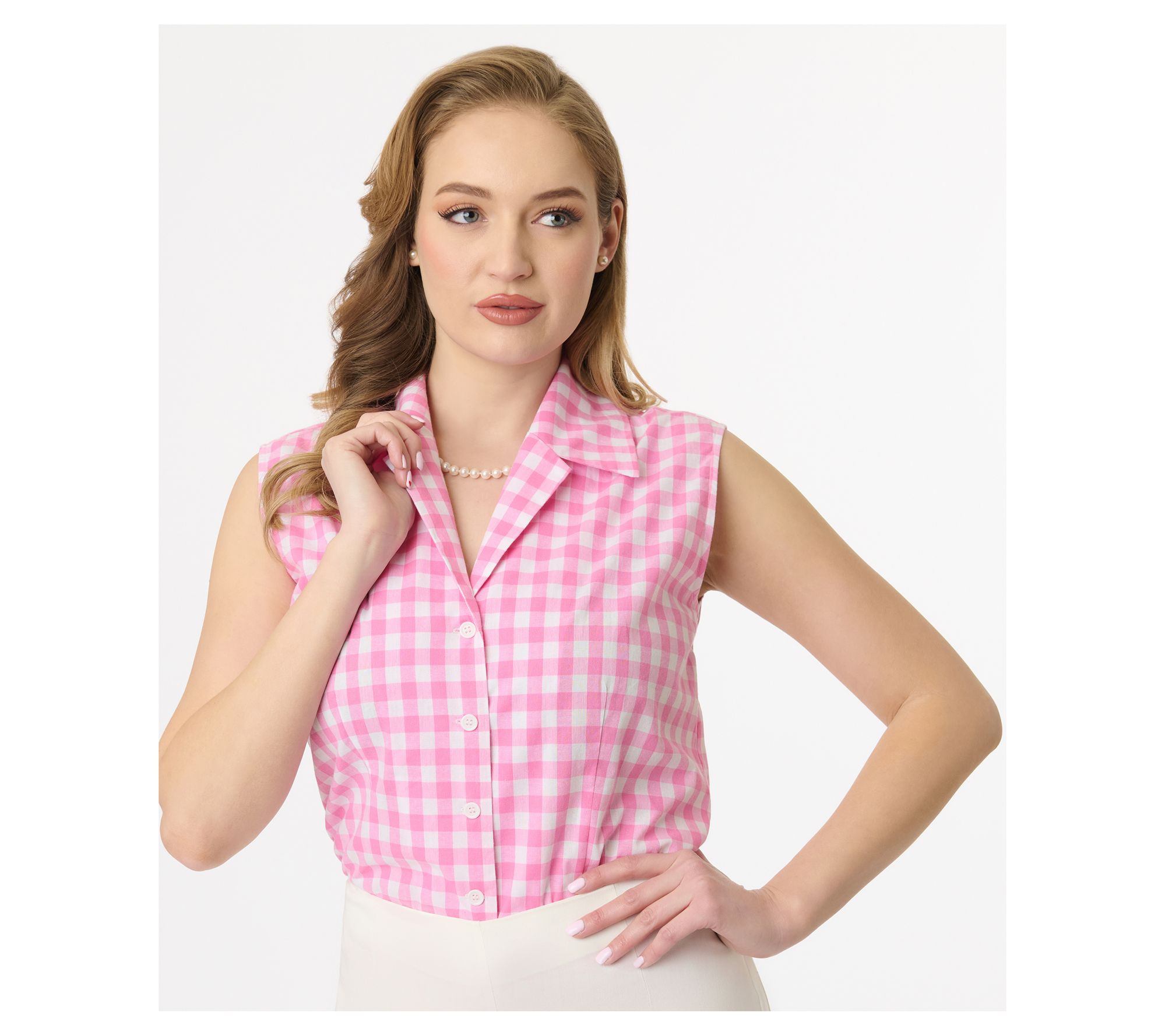 Unique Vintage Pink & White Gingham Notched Collar Cotton Top