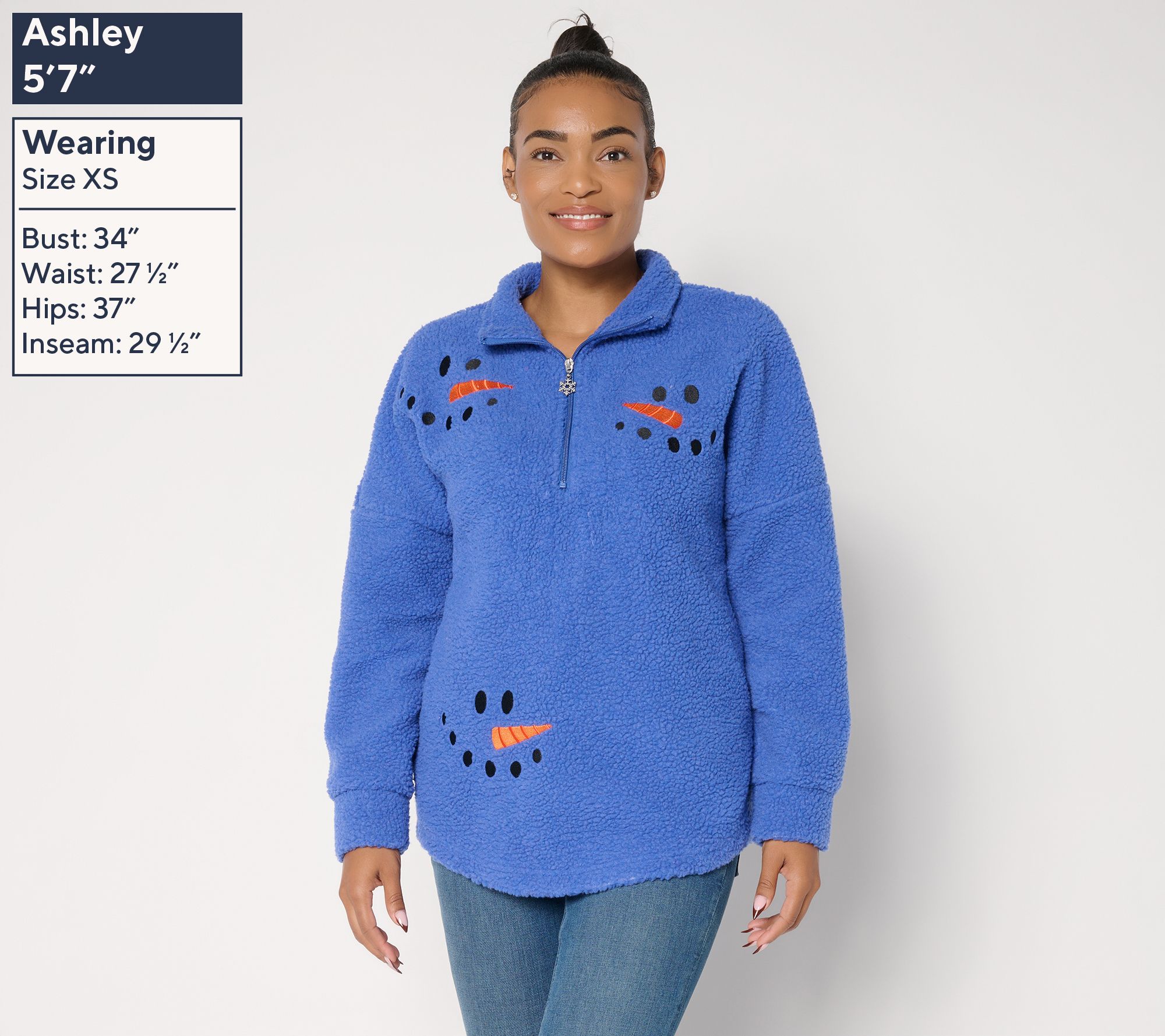 Quacker Factory Sherpa Snowman Smiles Half Zip - QVC.com