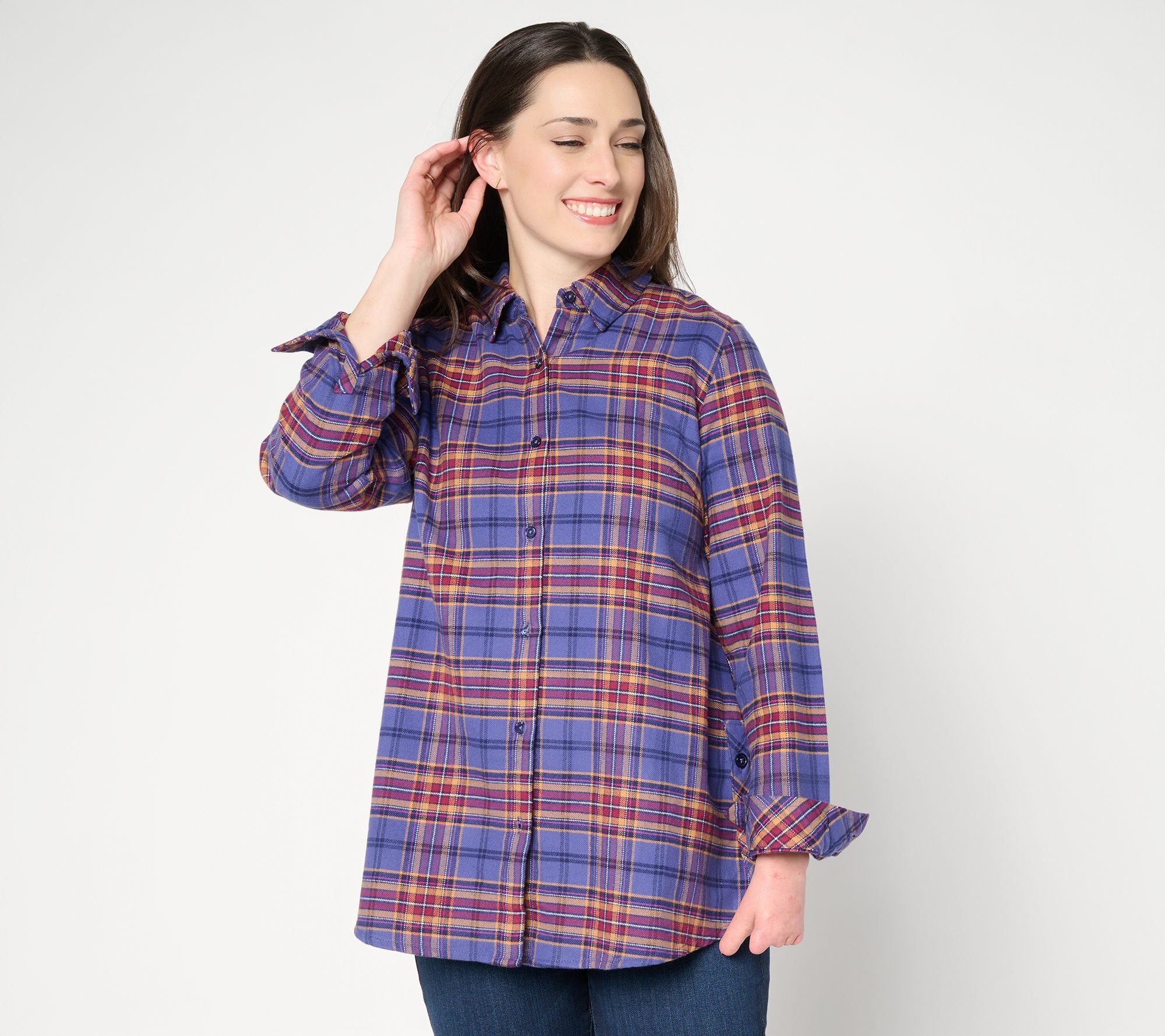 Joan Rivers Petite Double Brushed Flannel Swing Button Down Shirt