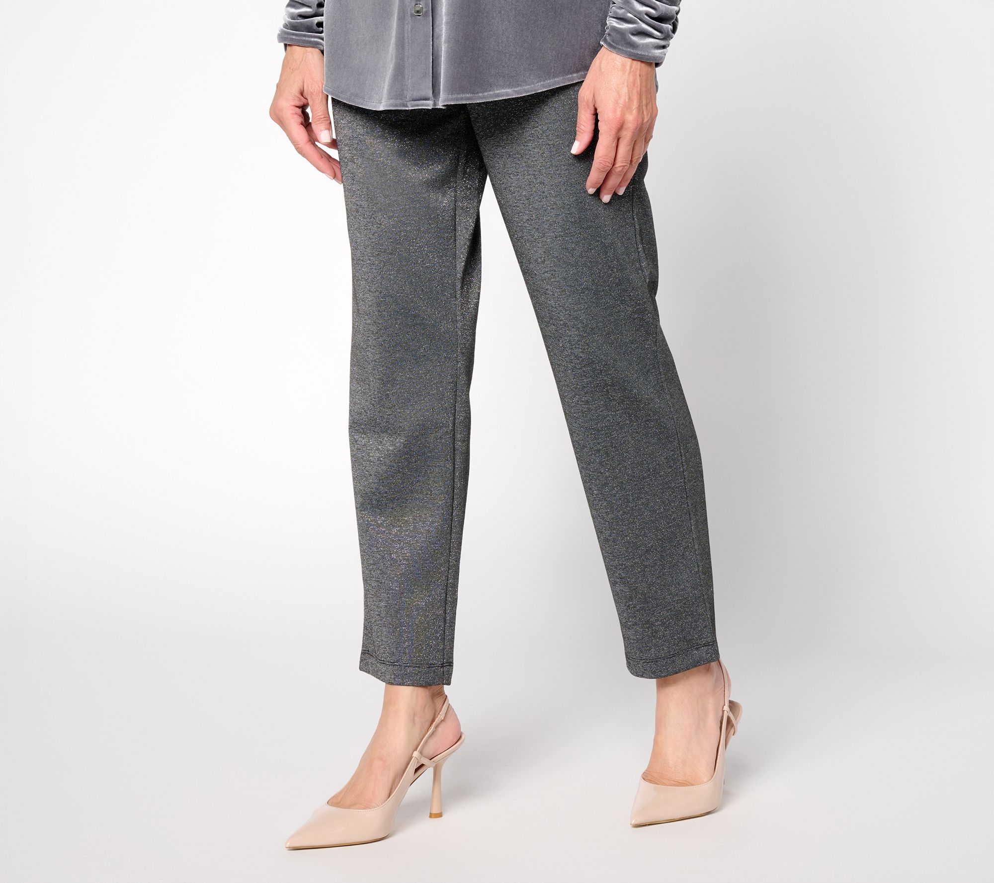 Susan Graver Petite Soft Metallic Knit Slim Leg Ankle Pants