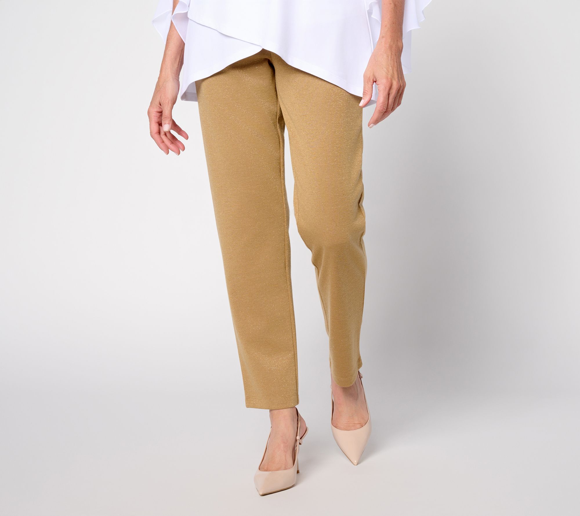 Susan Graver Petite Soft Metallic Knit Slim Leg Ankle Pants