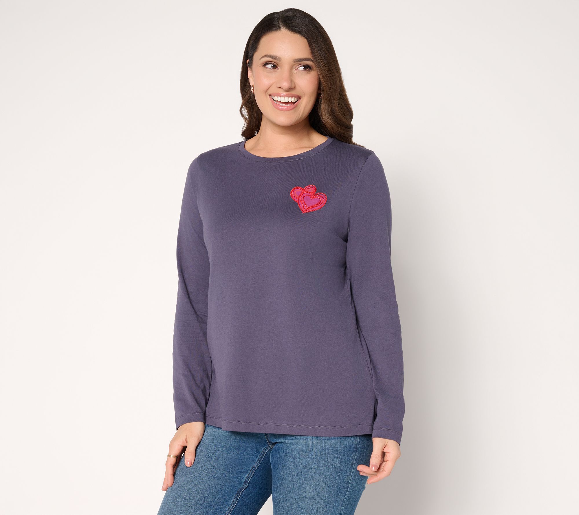 Denim & Co. 100% Cotton Embellished Double Heart Top