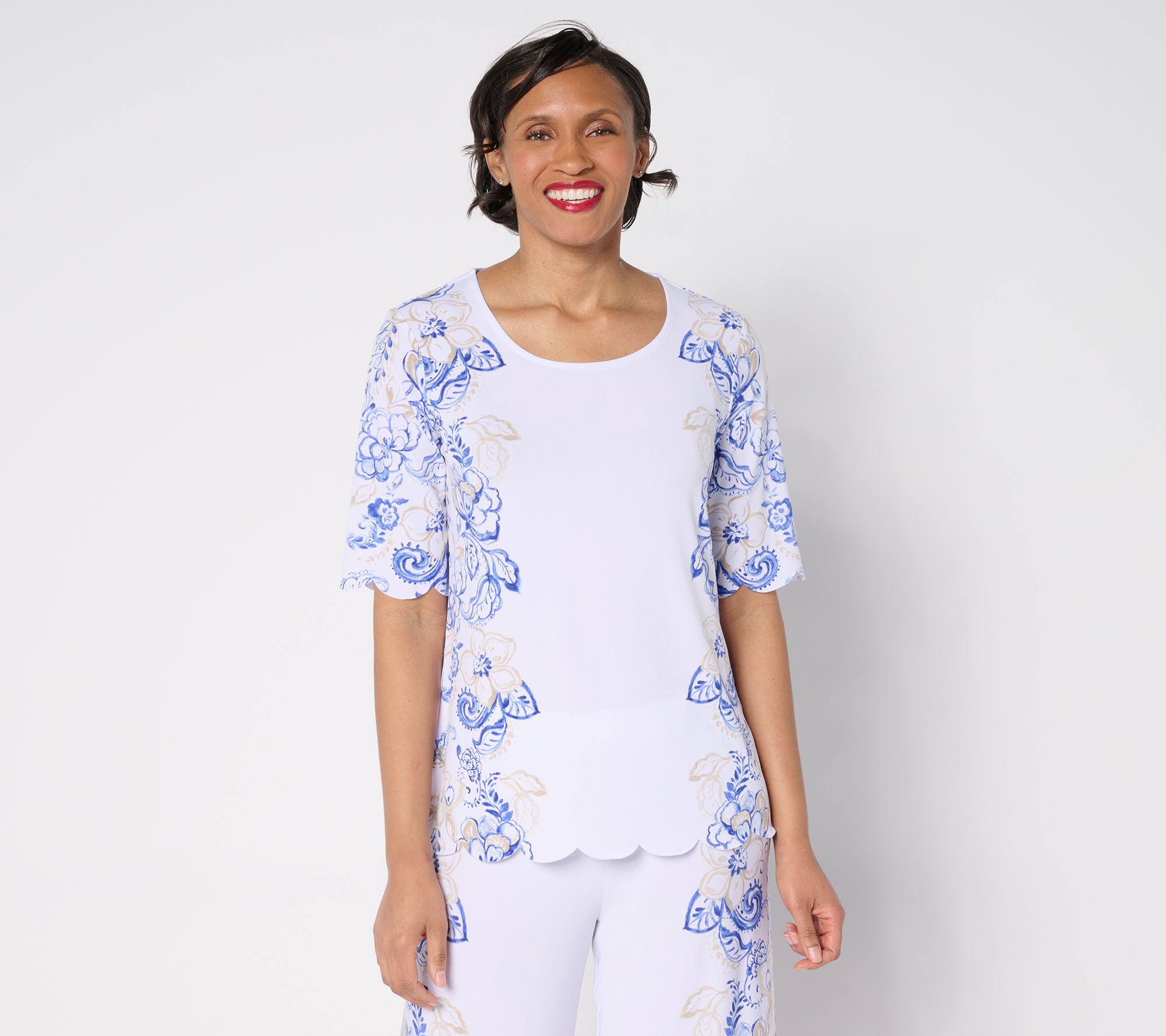"As Is" GRAVER Susan Graver Printed Liquid Knit Scalloped Hem Top