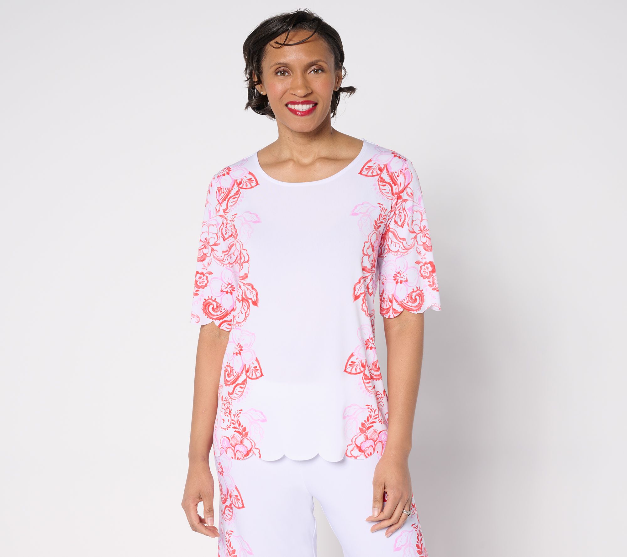 "As Is" GRAVER Susan Graver Printed Liquid Knit Scalloped Hem Top