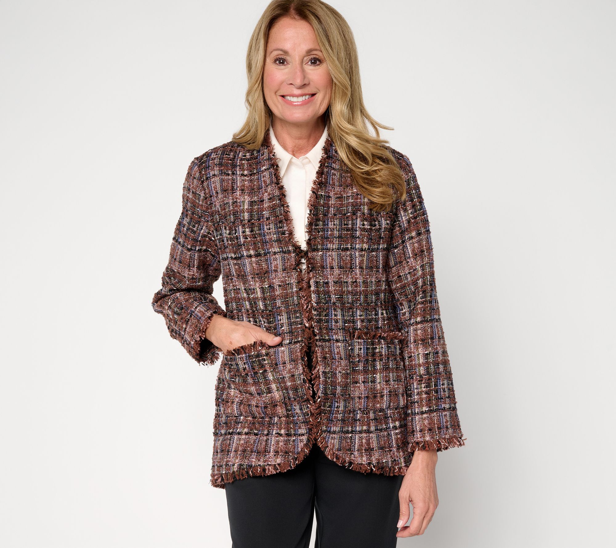 GRAVER Susan Graver Petite Tweed Topper with Fray Detail