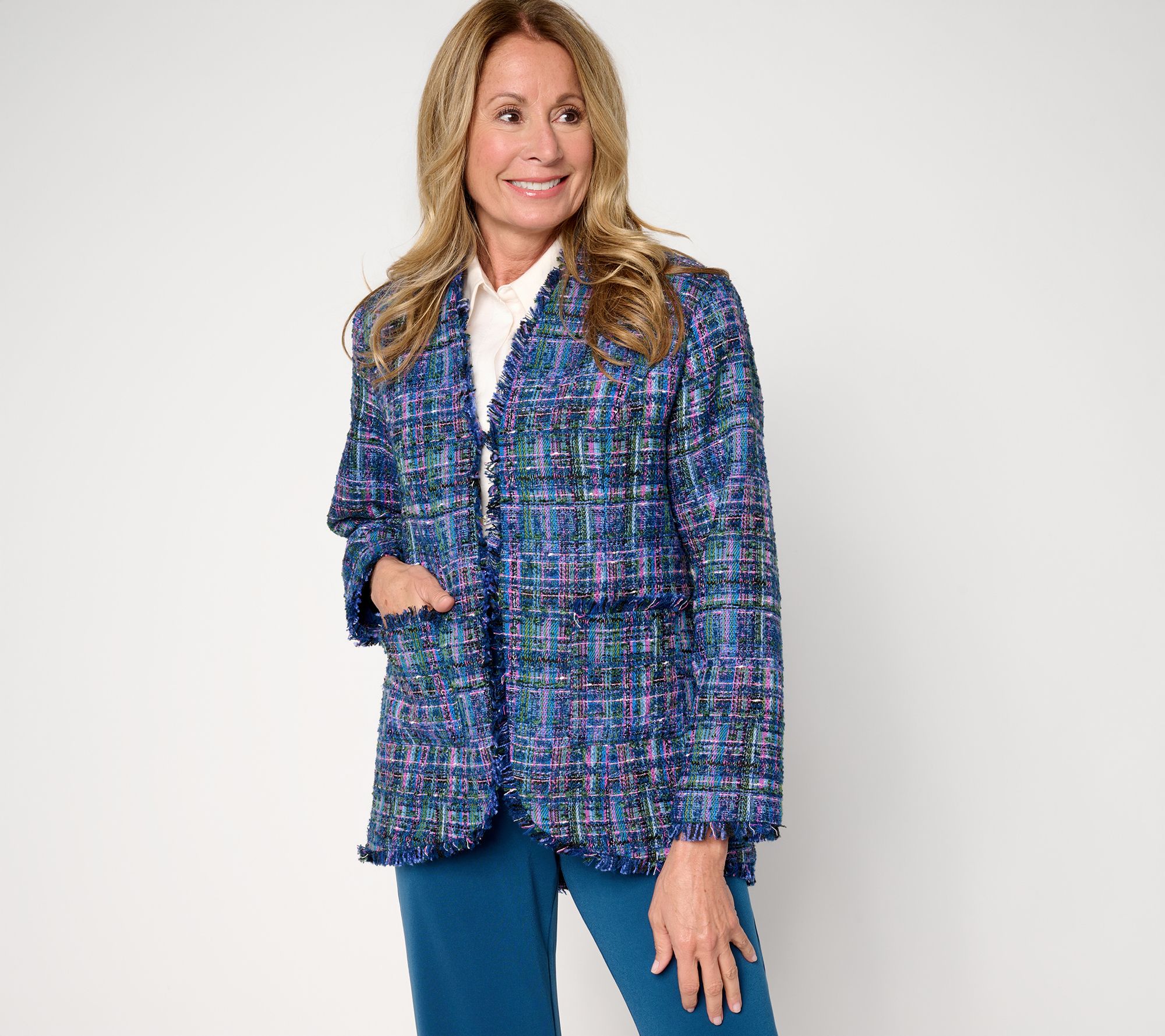 GRAVER Susan Graver Petite Tweed Topper with Fray Detail