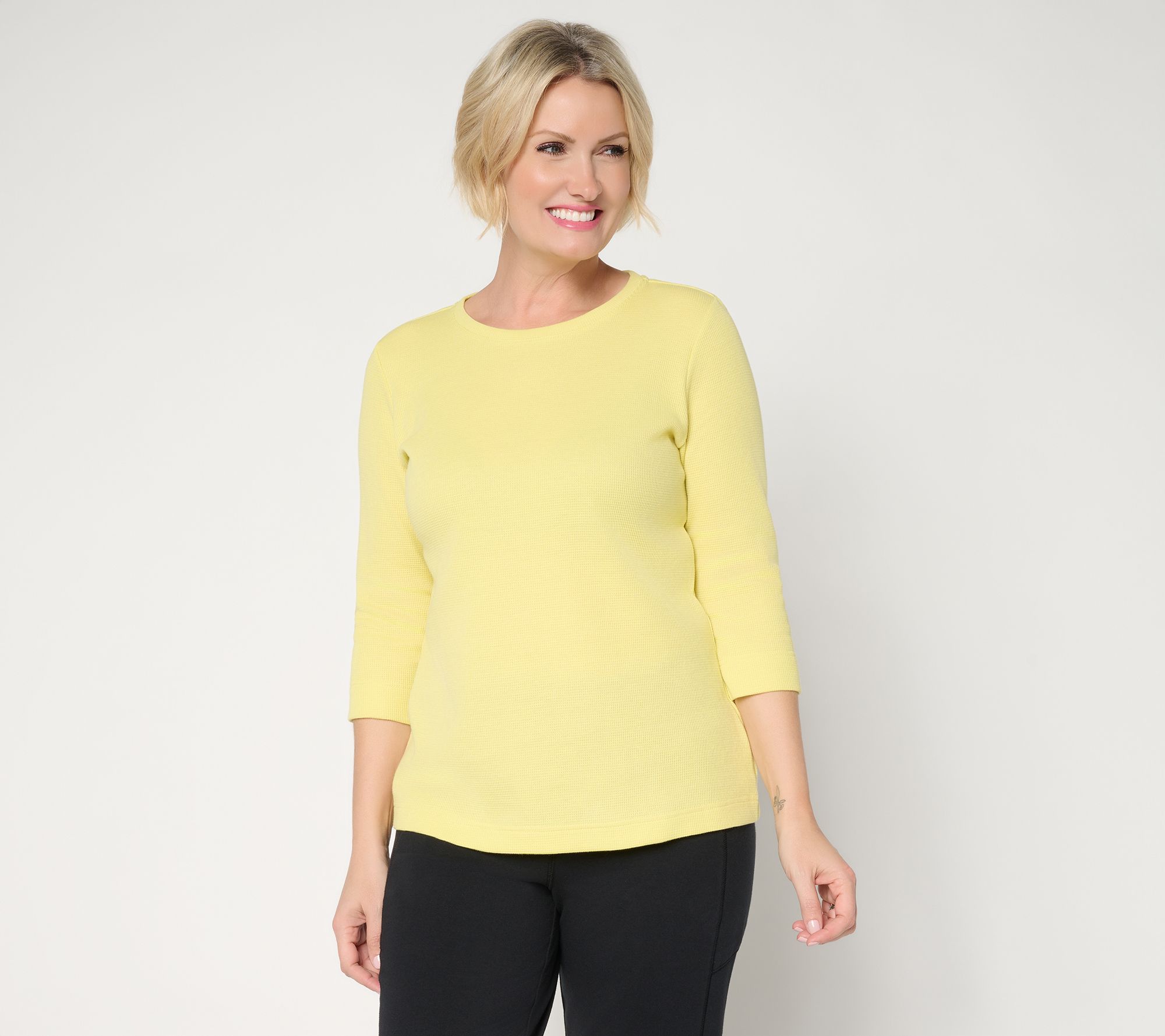 Denim & Co. Essentials Waffle Knit 3/4 Sleeve Round Neck Top