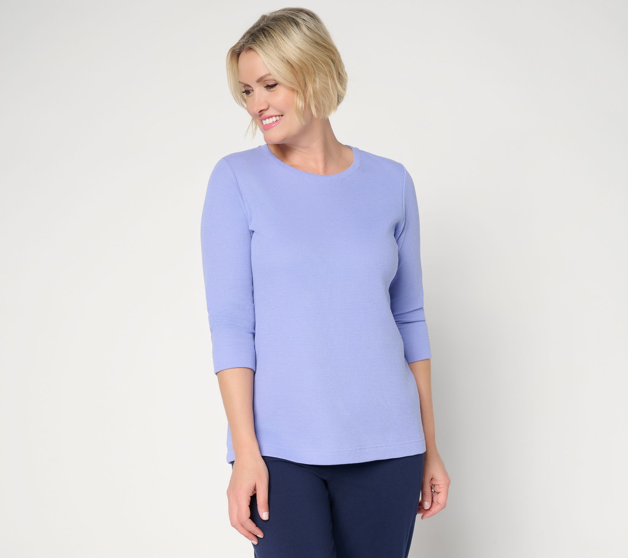 Denim & Co. Essentials Waffle Knit 3/4 Sleeve Round Neck Top