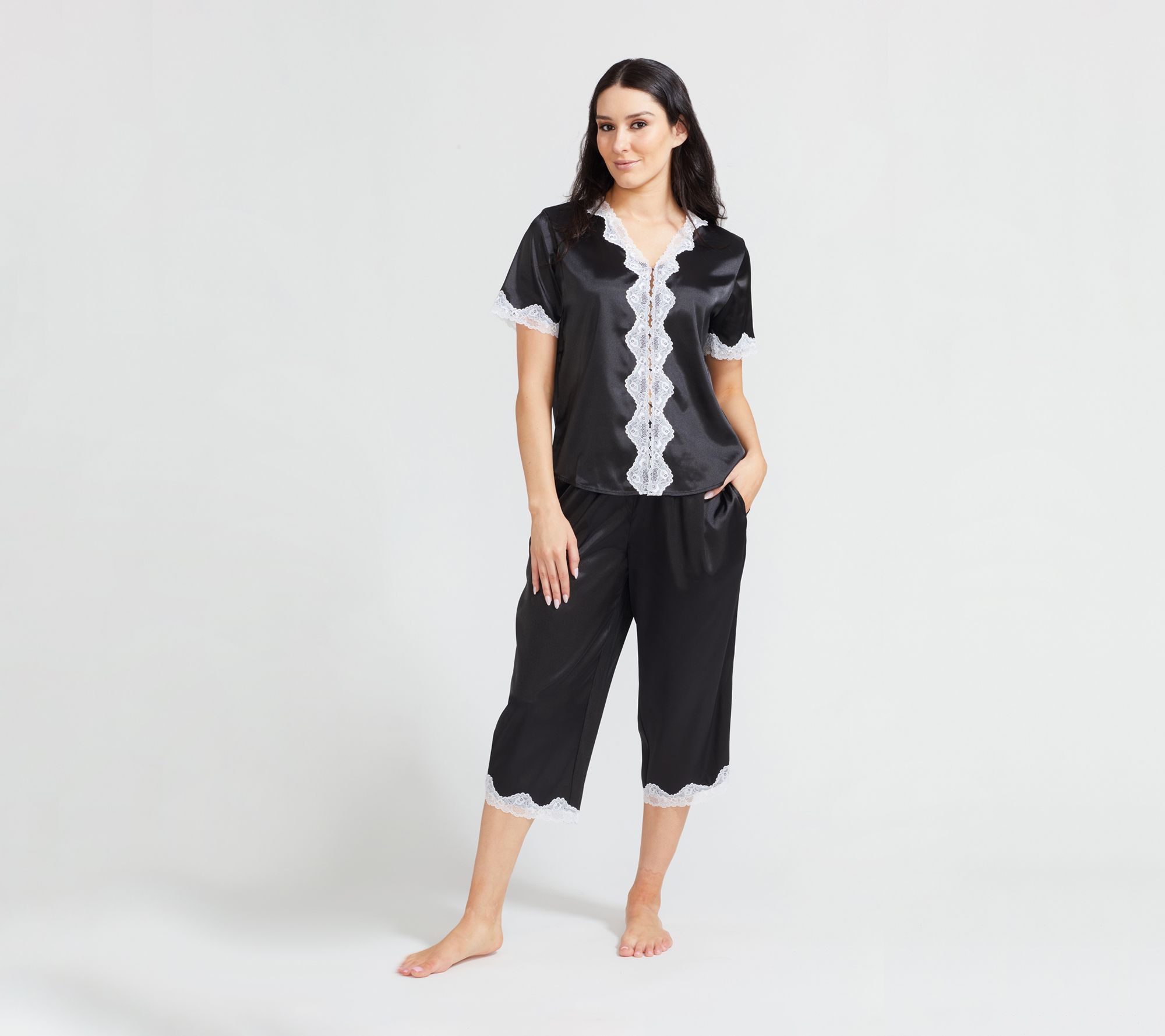 Randy Fenoli Sleepwear Satin Contrast Lace Trim Pajama Set