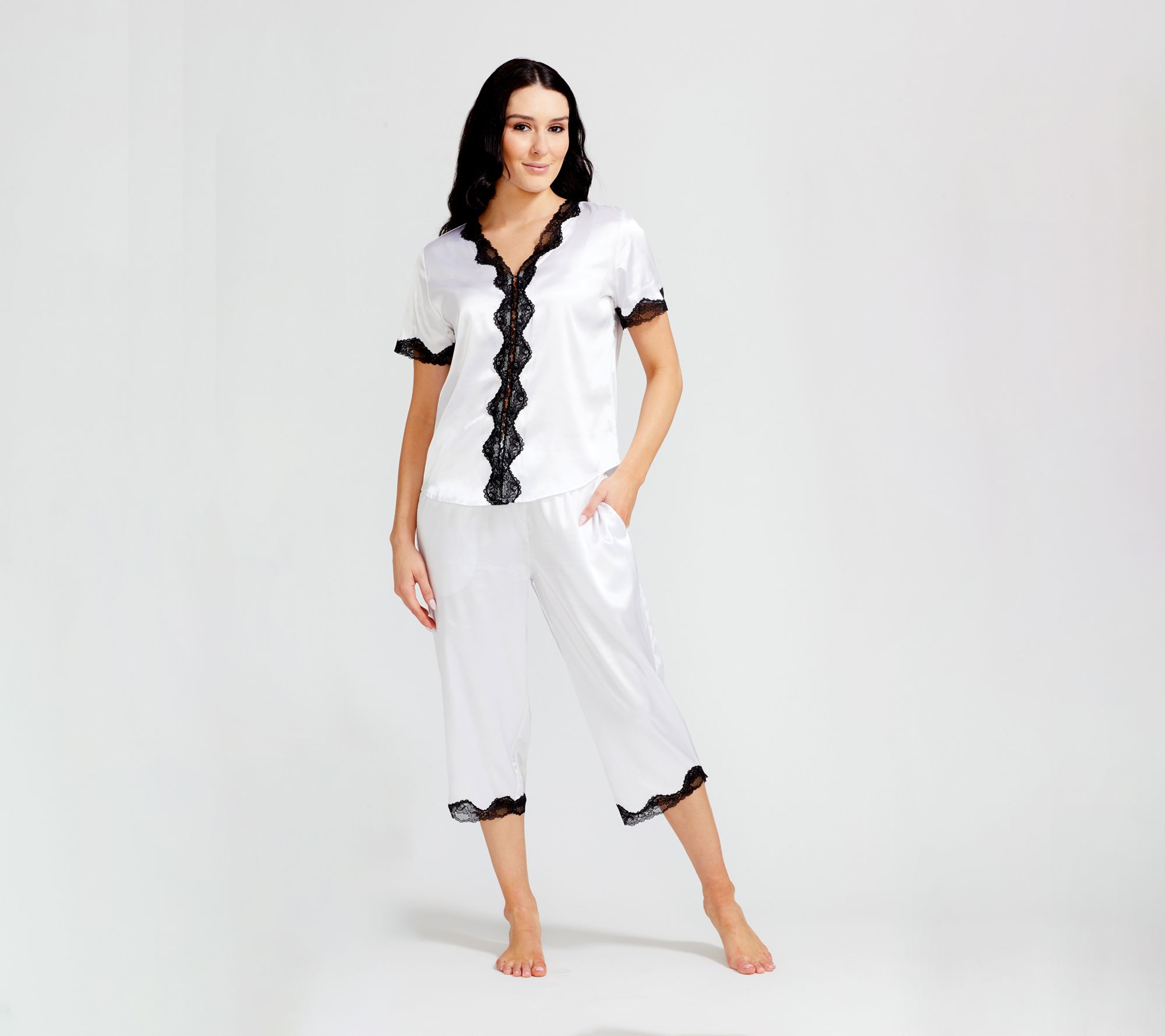 Randy Fenoli Sleepwear Satin Contrast Lace Trim Pajama Set