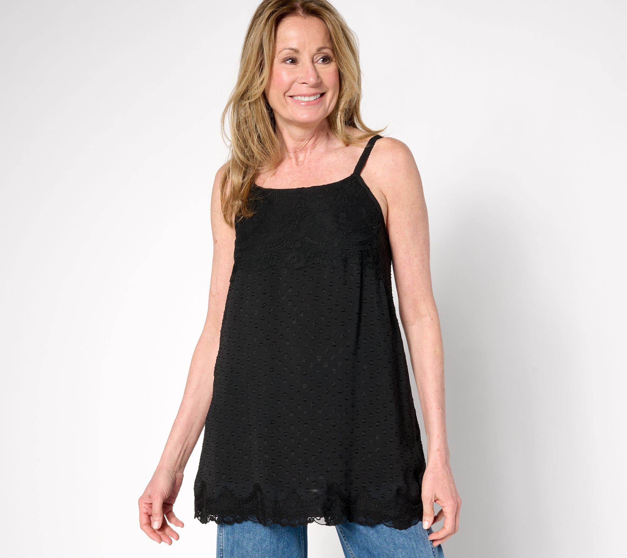 "As Is" LOGO by Lori Goldstein Woven Clip Dot Tank with Lace Trim