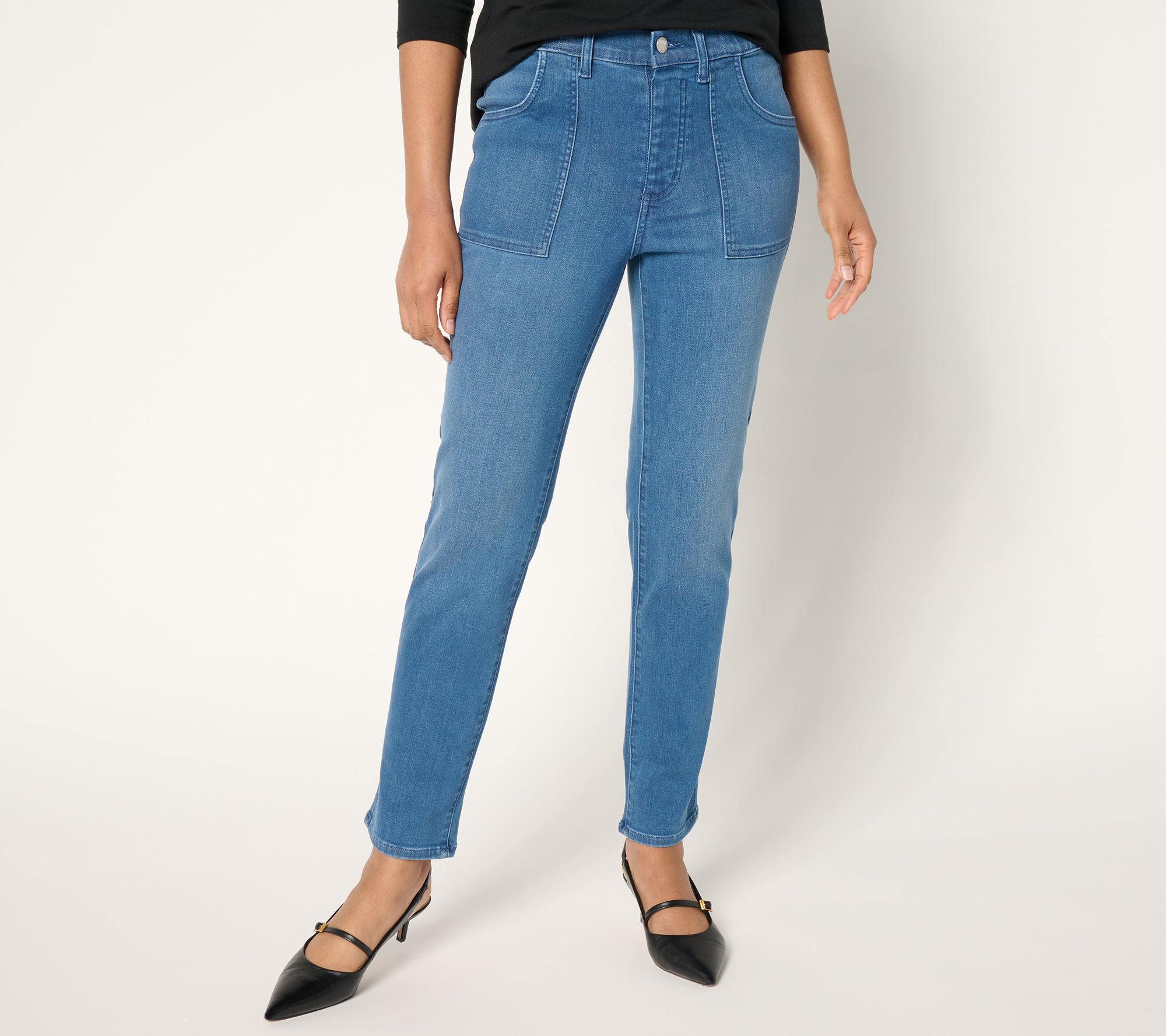 "As Is" Women with Control Petite Contour Curves Straight Leg Jeans