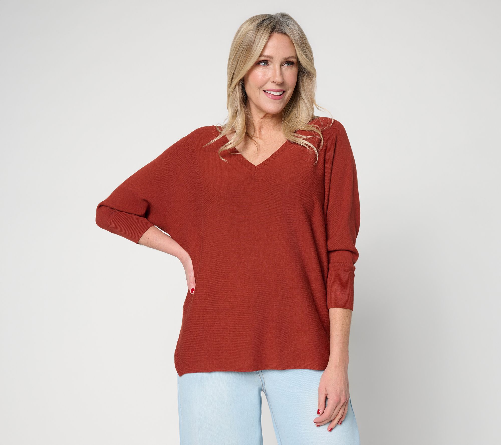 Carla Rockmore Collection Seasonless Yarn Dolman Sleeve V-Neck Sweater
