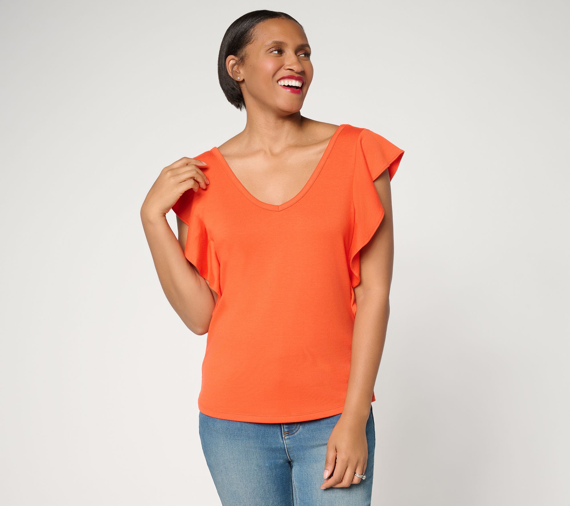Mally Roncal TwoWay Neckline Flutter to Flatter Knit Top