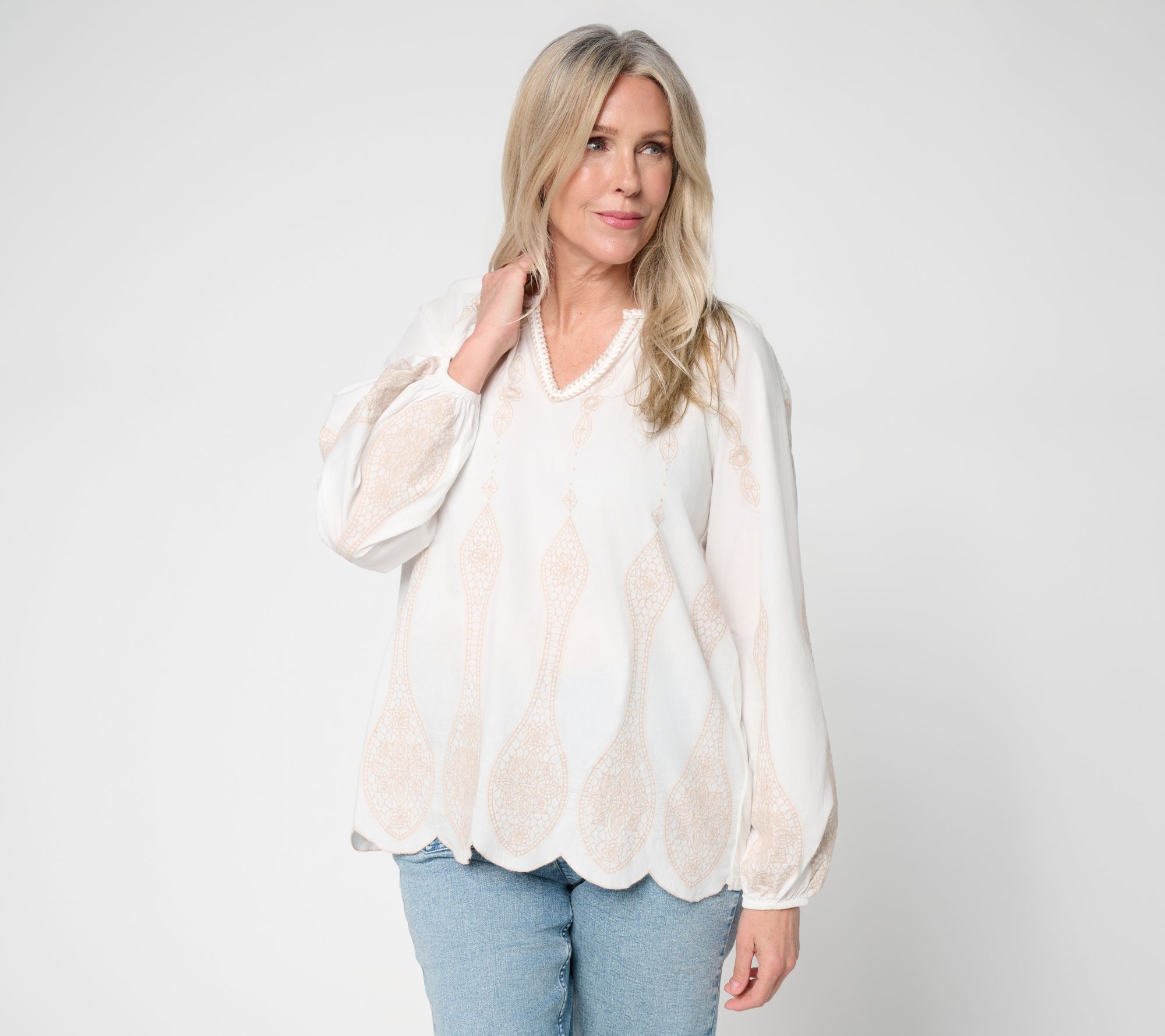 LOGO Lavish by Lori Goldstein Mixed Media Embroidered Top