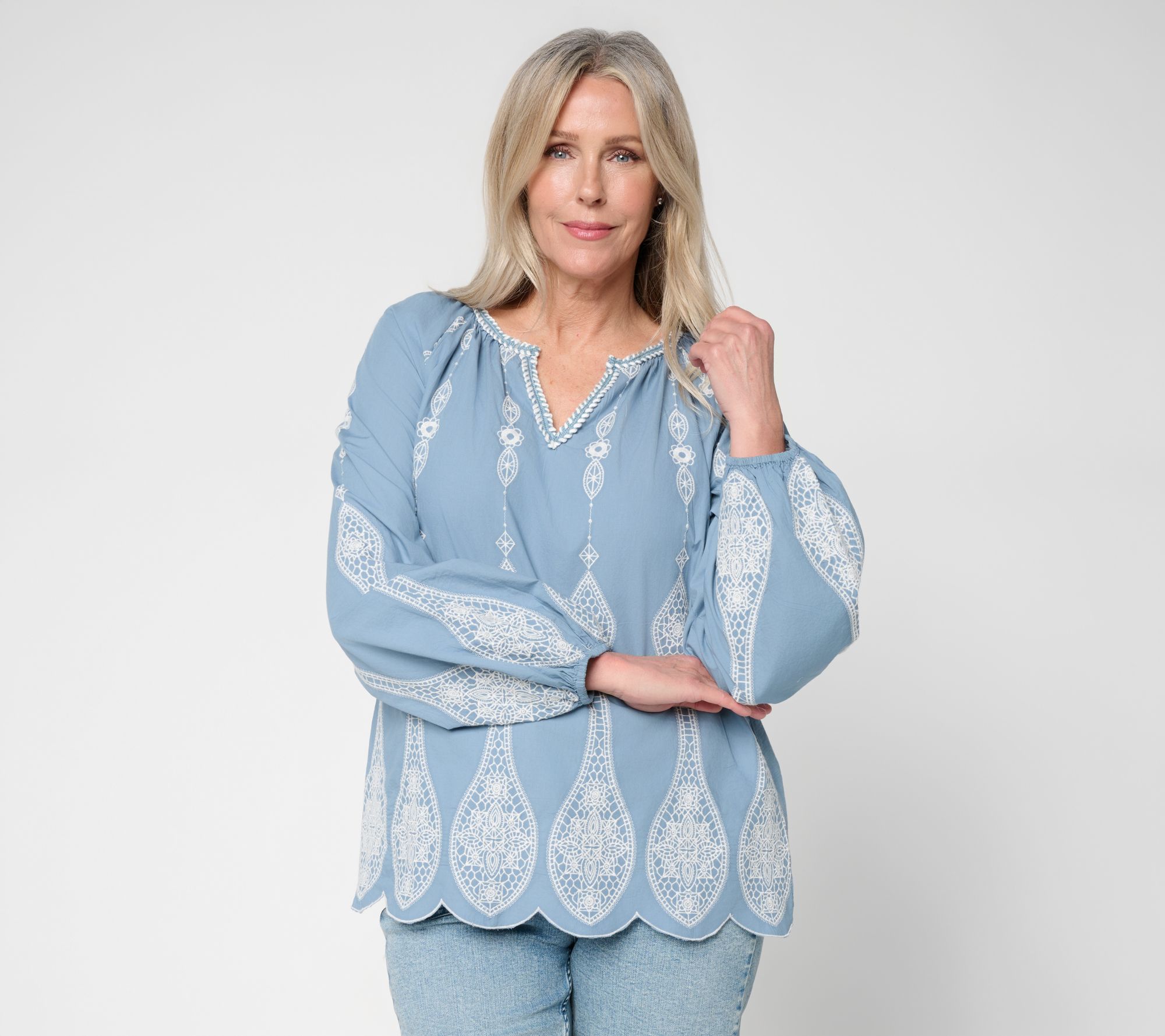 LOGO Lavish by Lori Goldstein Mixed Media Embroidered Top