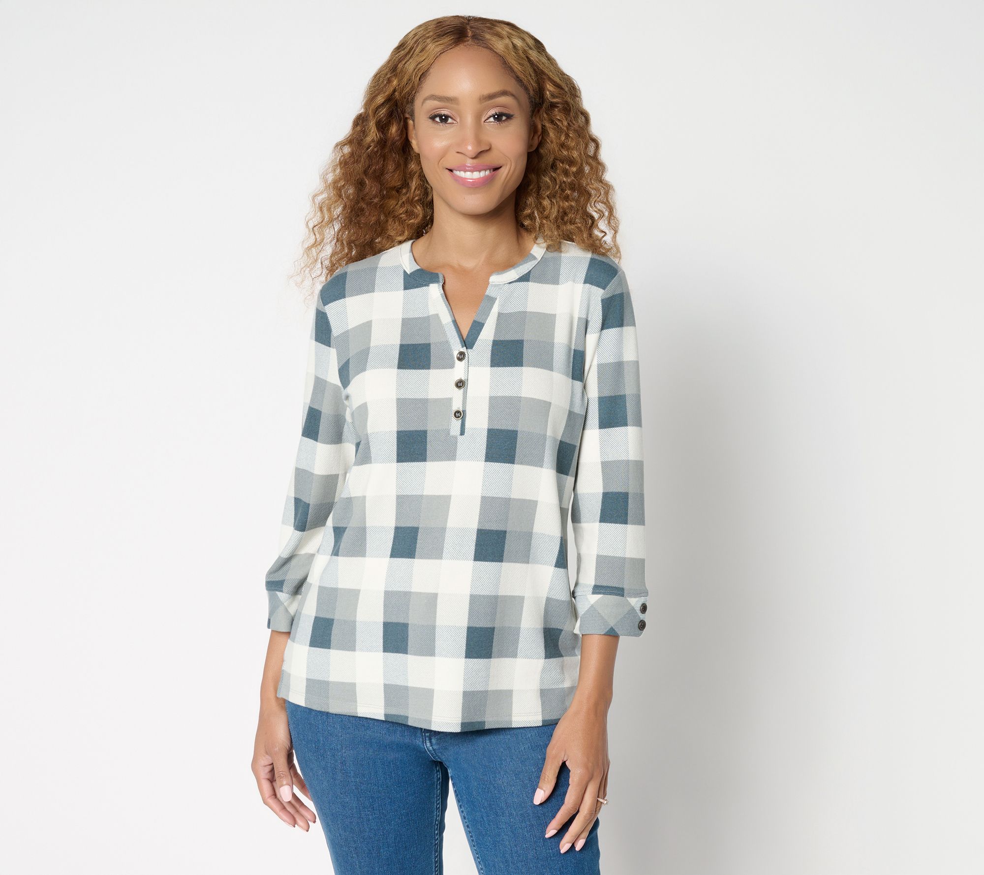 "As Is" Denim & Co. Heavenly Jersey 3/4 Sleeve Plaid Henley Top