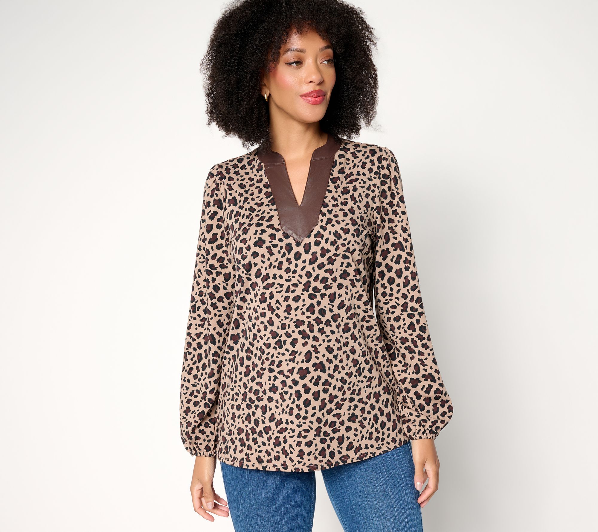 "As Is" Belle by Kim Gravel Faux Leather Trim Leopard Top