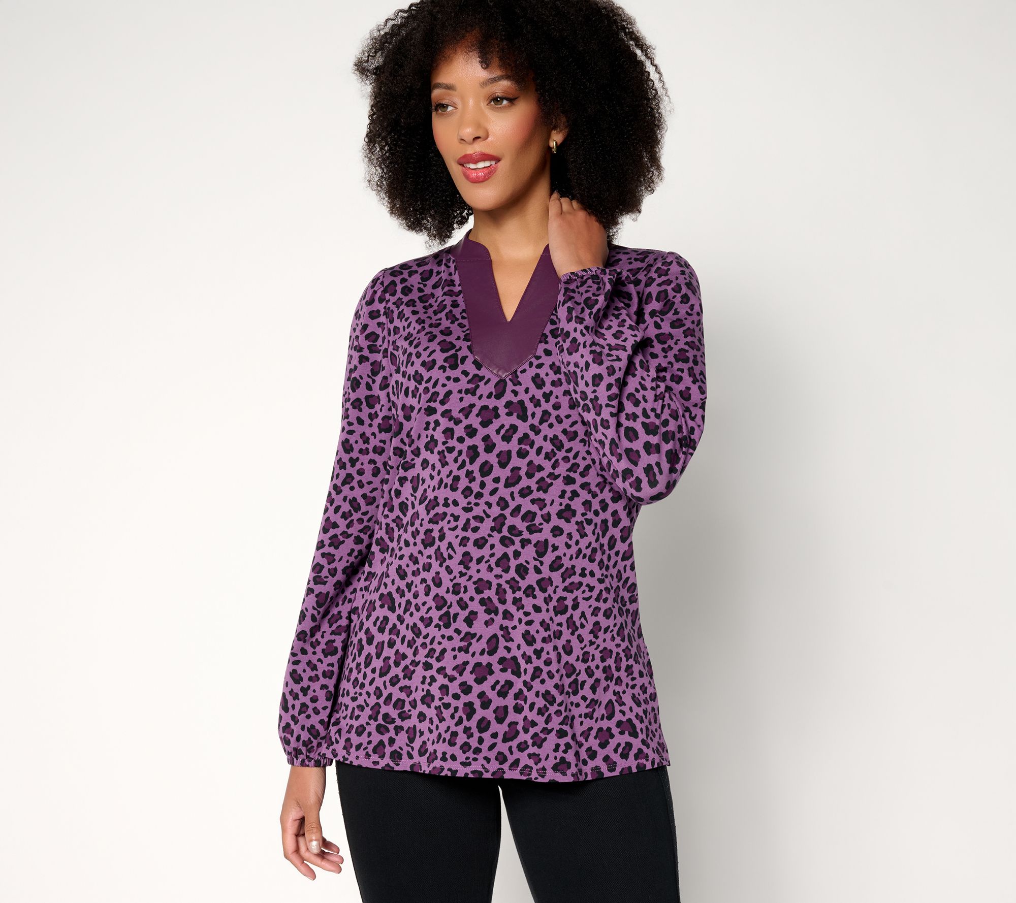 "As Is" Belle by Kim Gravel Faux Leather Trim Leopard Top