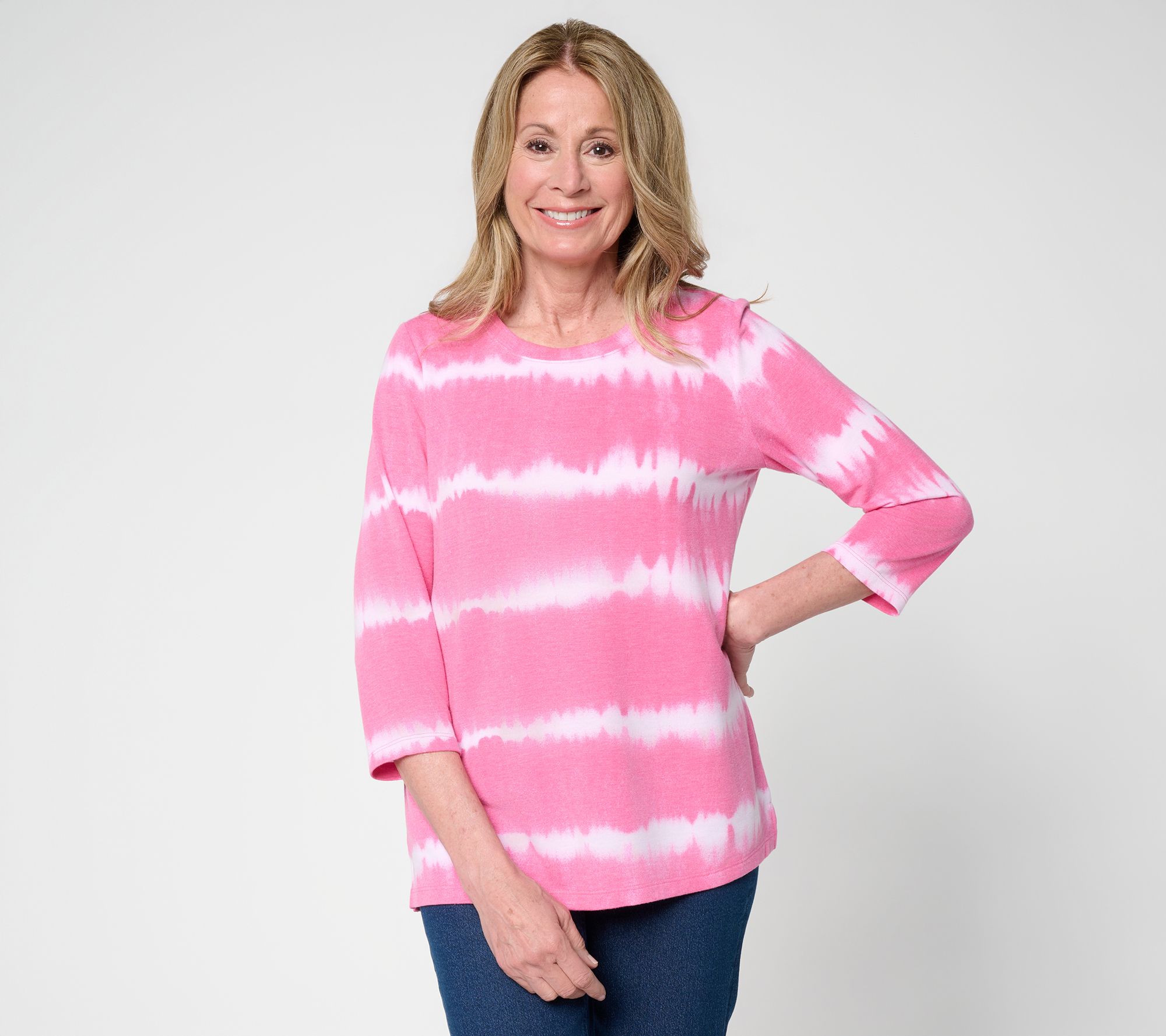 Denim & Co. Soft Blend Printed Tie Dye Stripe 3/4-Sleeve Top