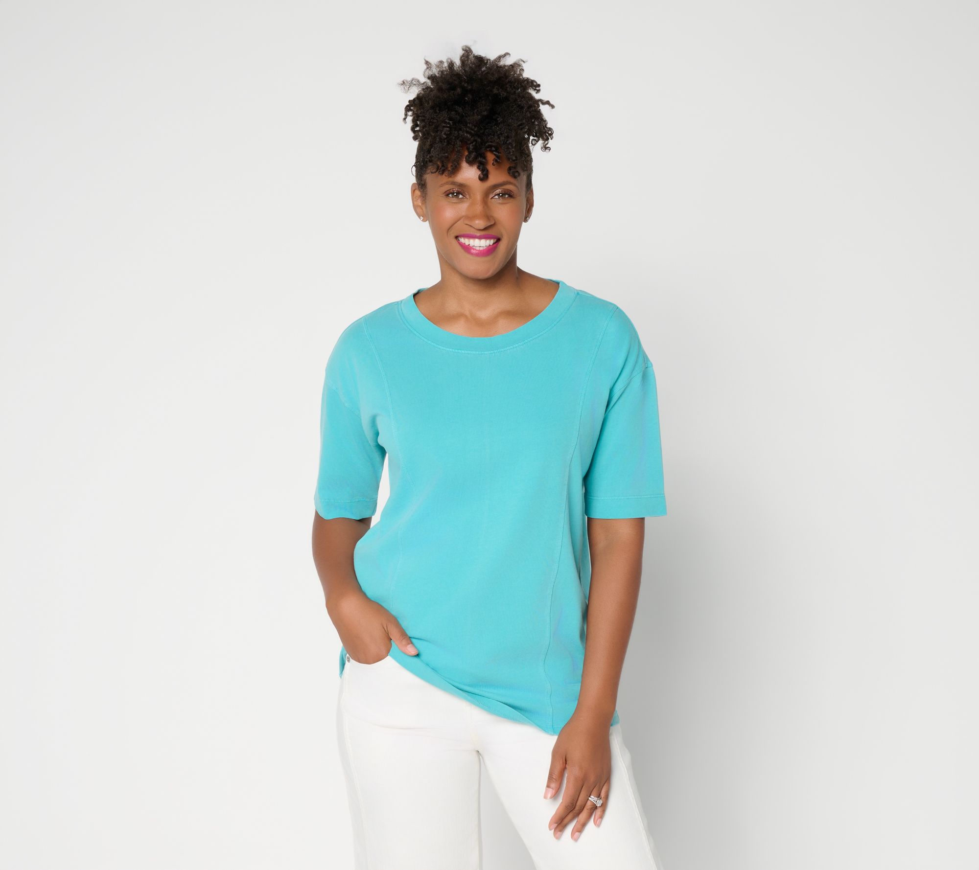 LOGO by Lori Goldstein Everyday Cotton Elbow Sleeve Seamed Top