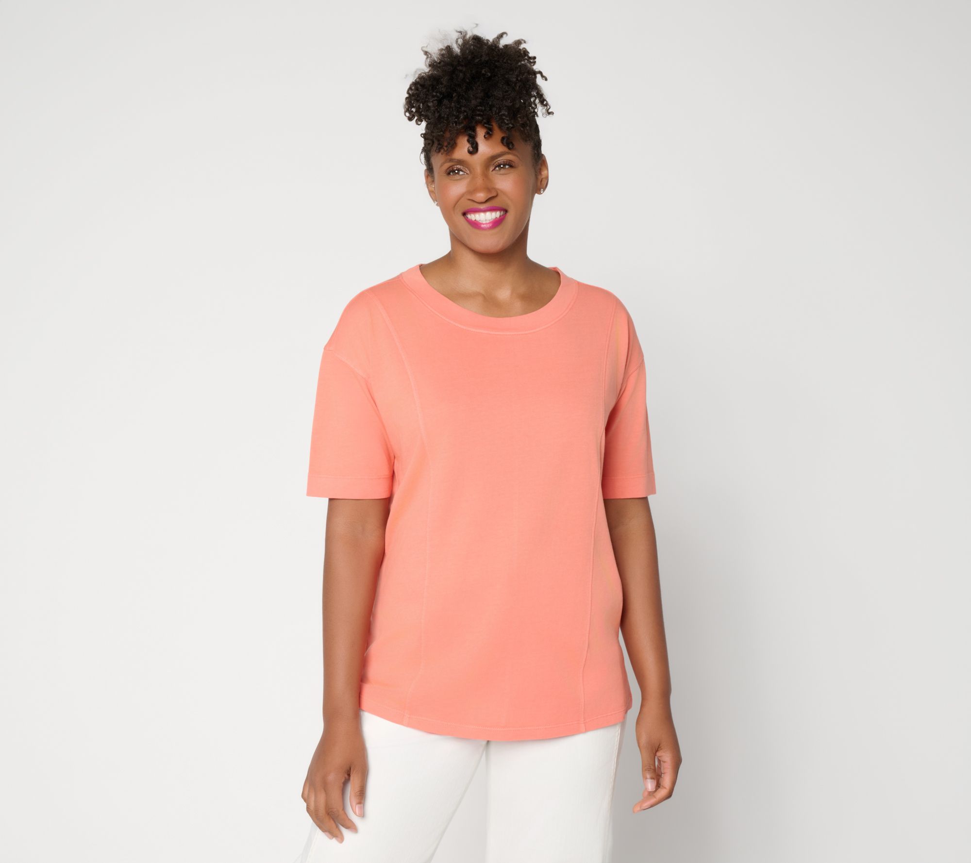 LOGO by Lori Goldstein Everyday Cotton Elbow Sleeve Seamed Top