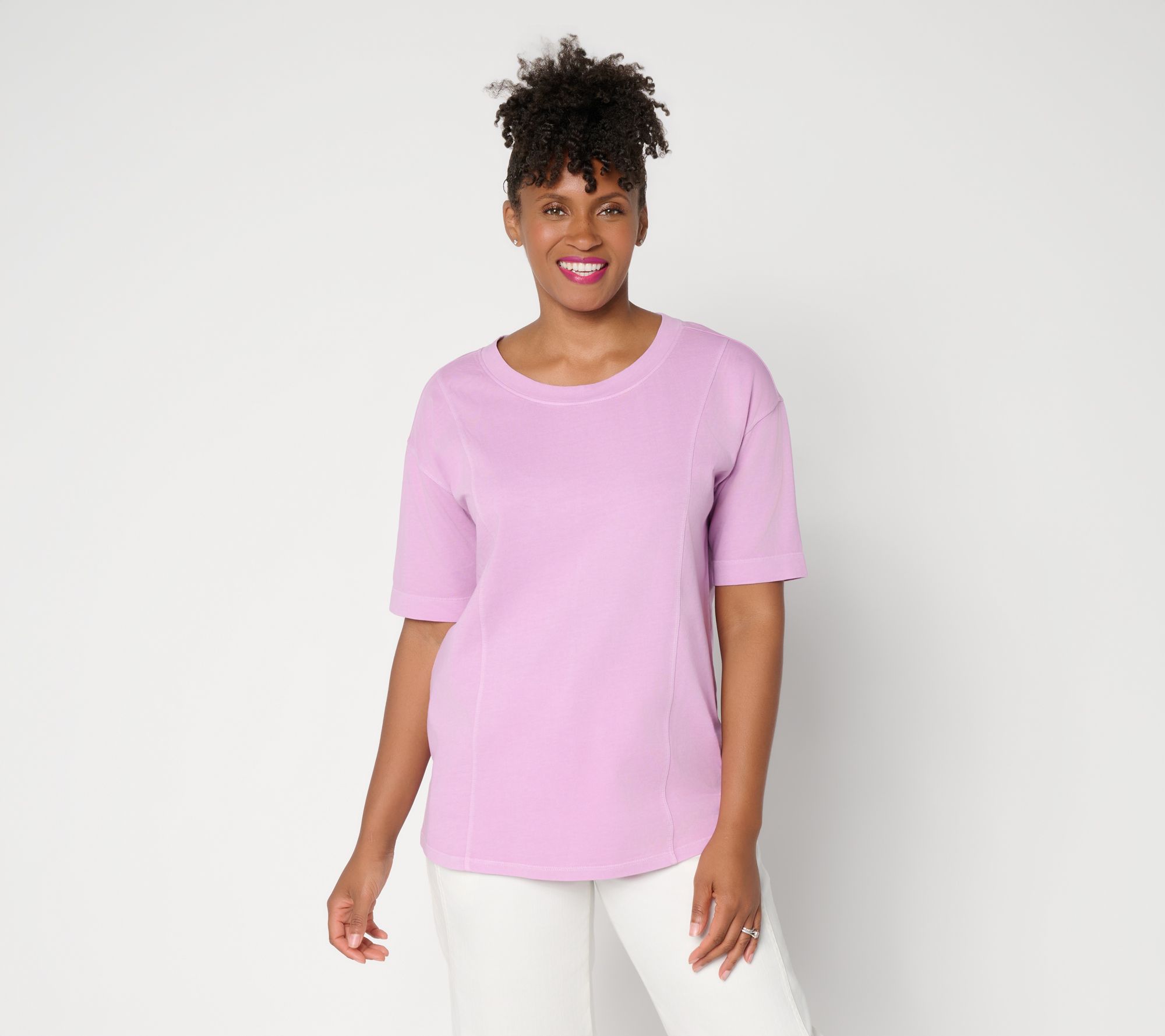 LOGO by Lori Goldstein Everyday Cotton Elbow Sleeve Seamed Top