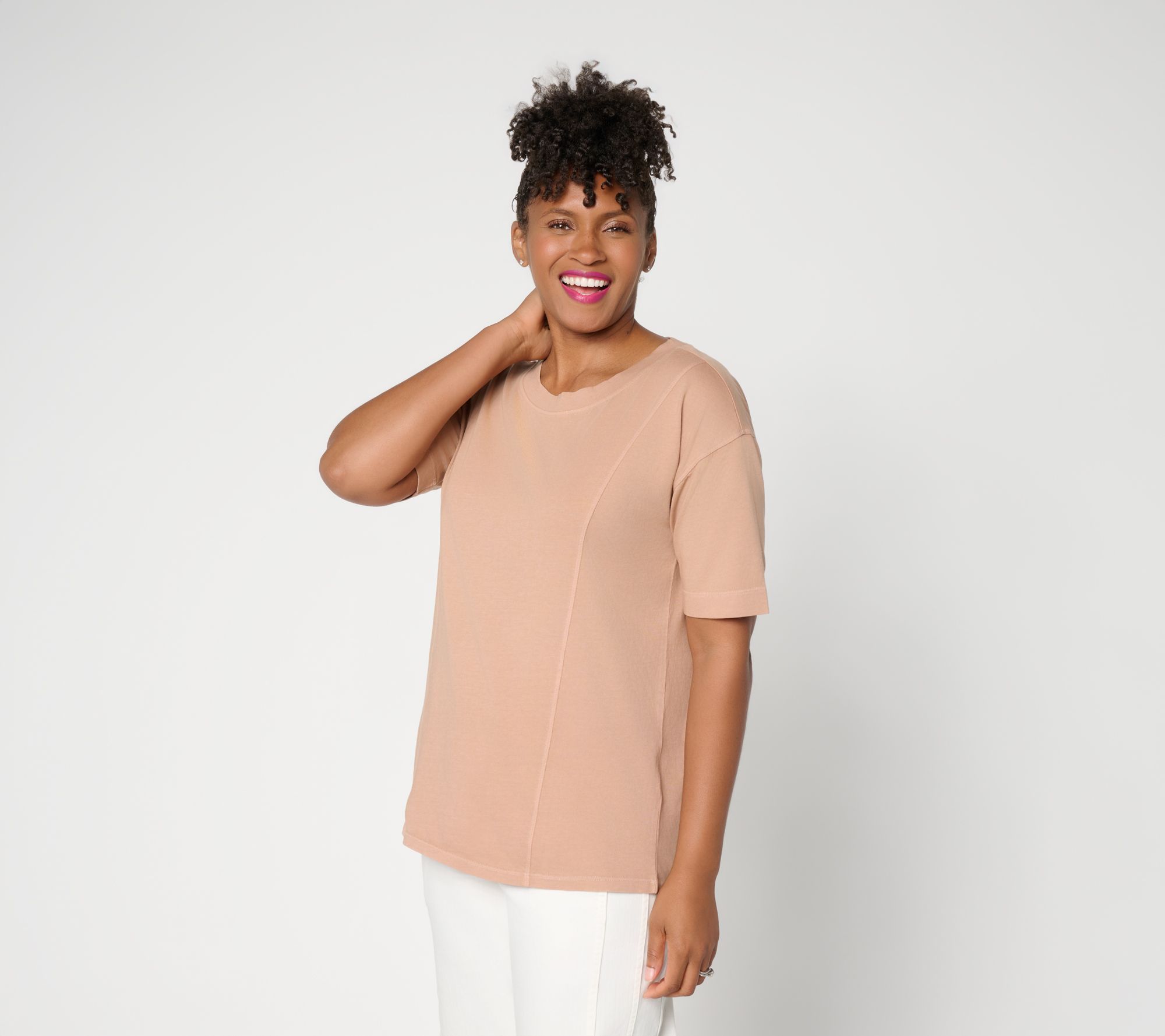 LOGO by Lori Goldstein Everyday Cotton Elbow Sleeve Seamed Top