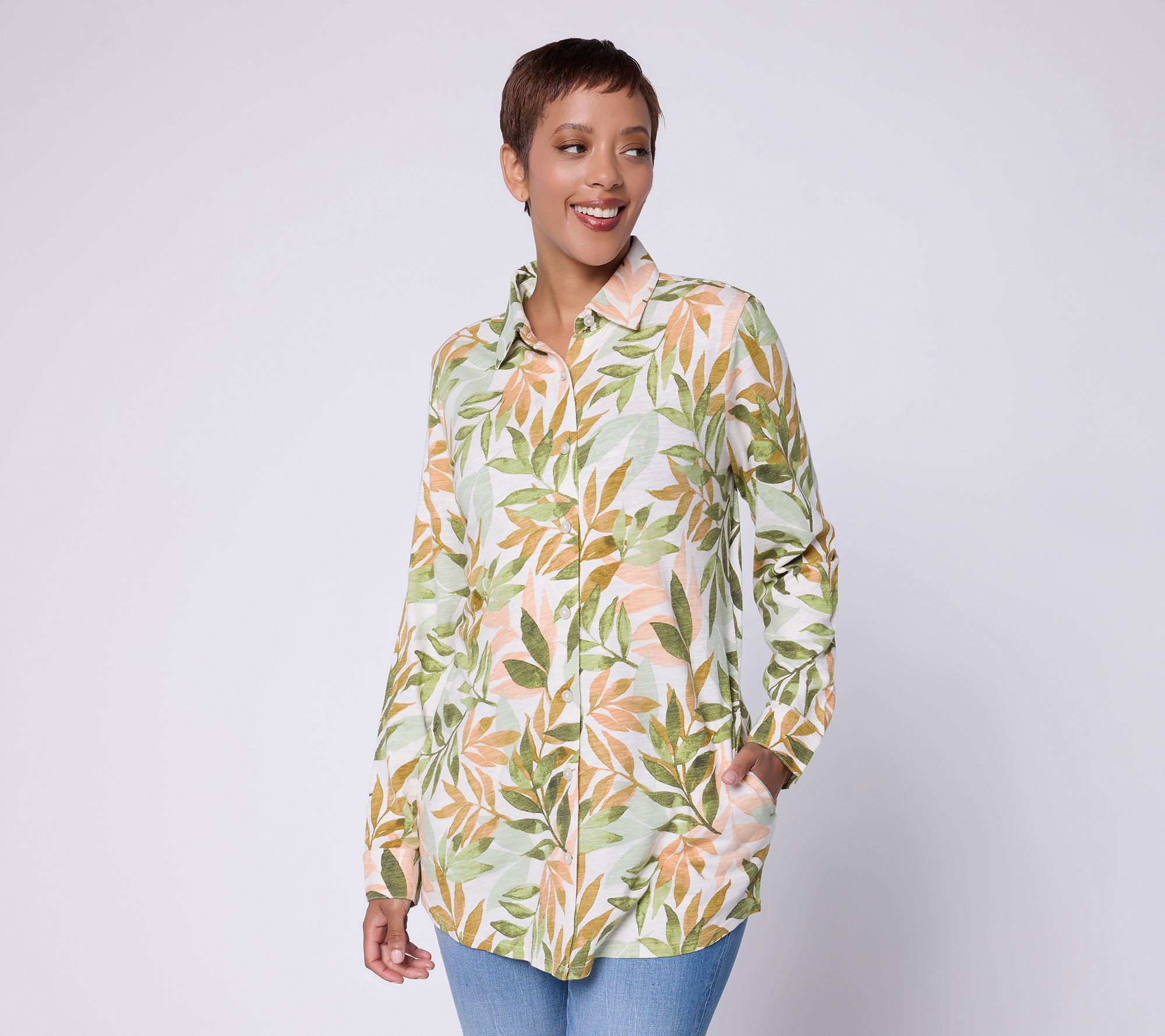 Denim & Co. Printed Petite Cotton Slub Button Front Shirt