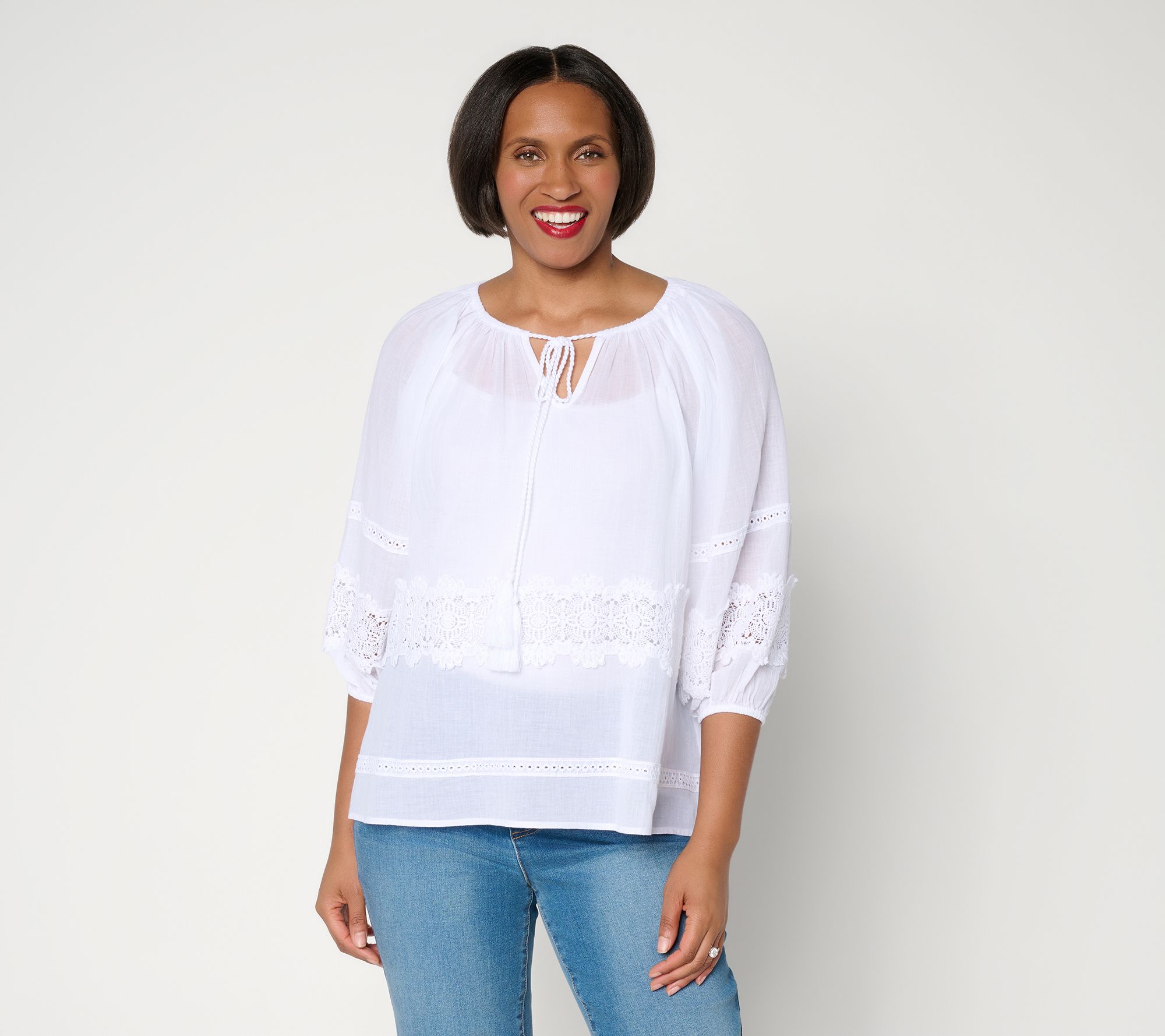"As Is" Susan Graver Sheer Cotton Gauze Peasant Top with Lace Trim