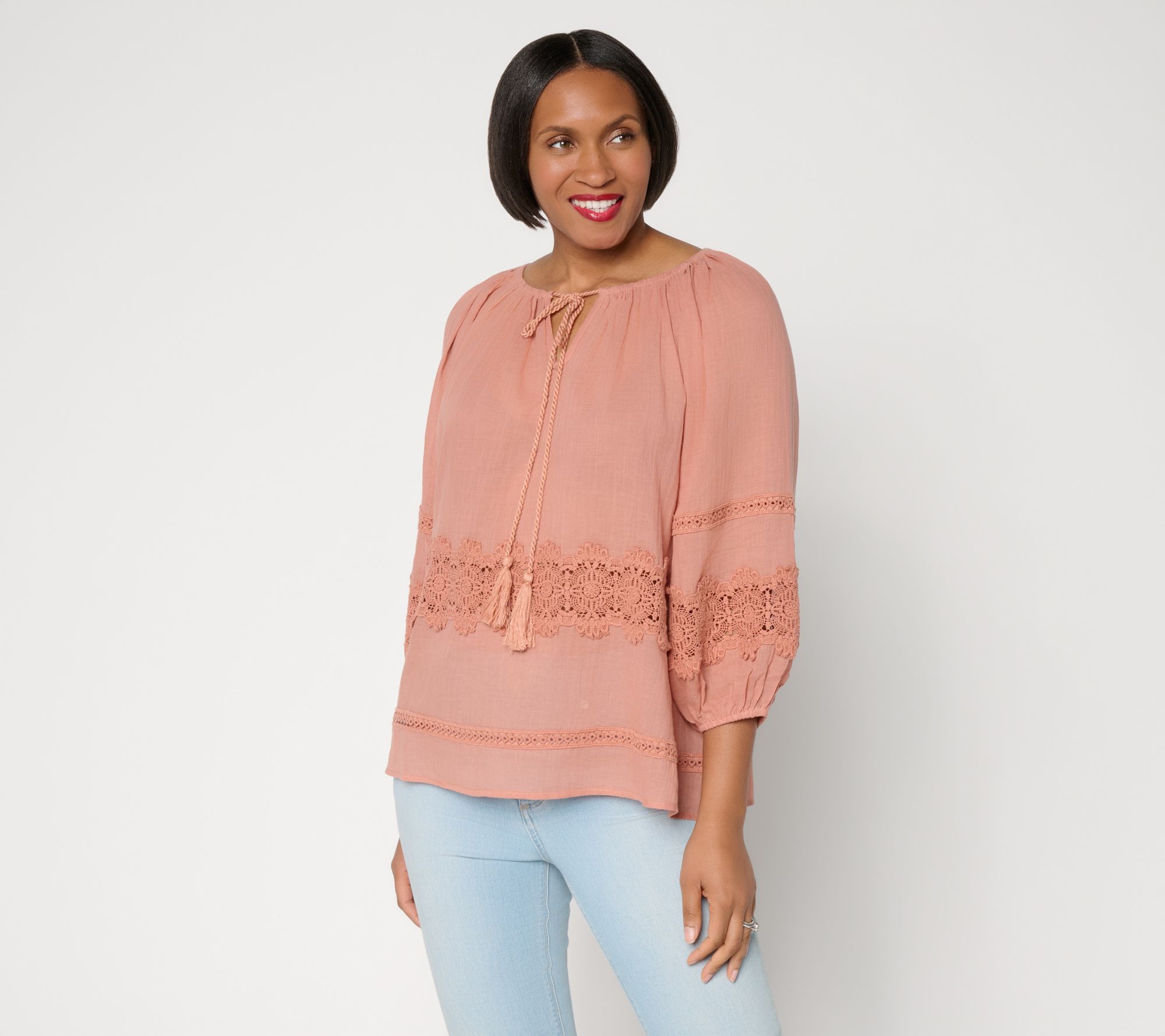 "As Is" Susan Graver Sheer Cotton Gauze Peasant Top with Lace Trim