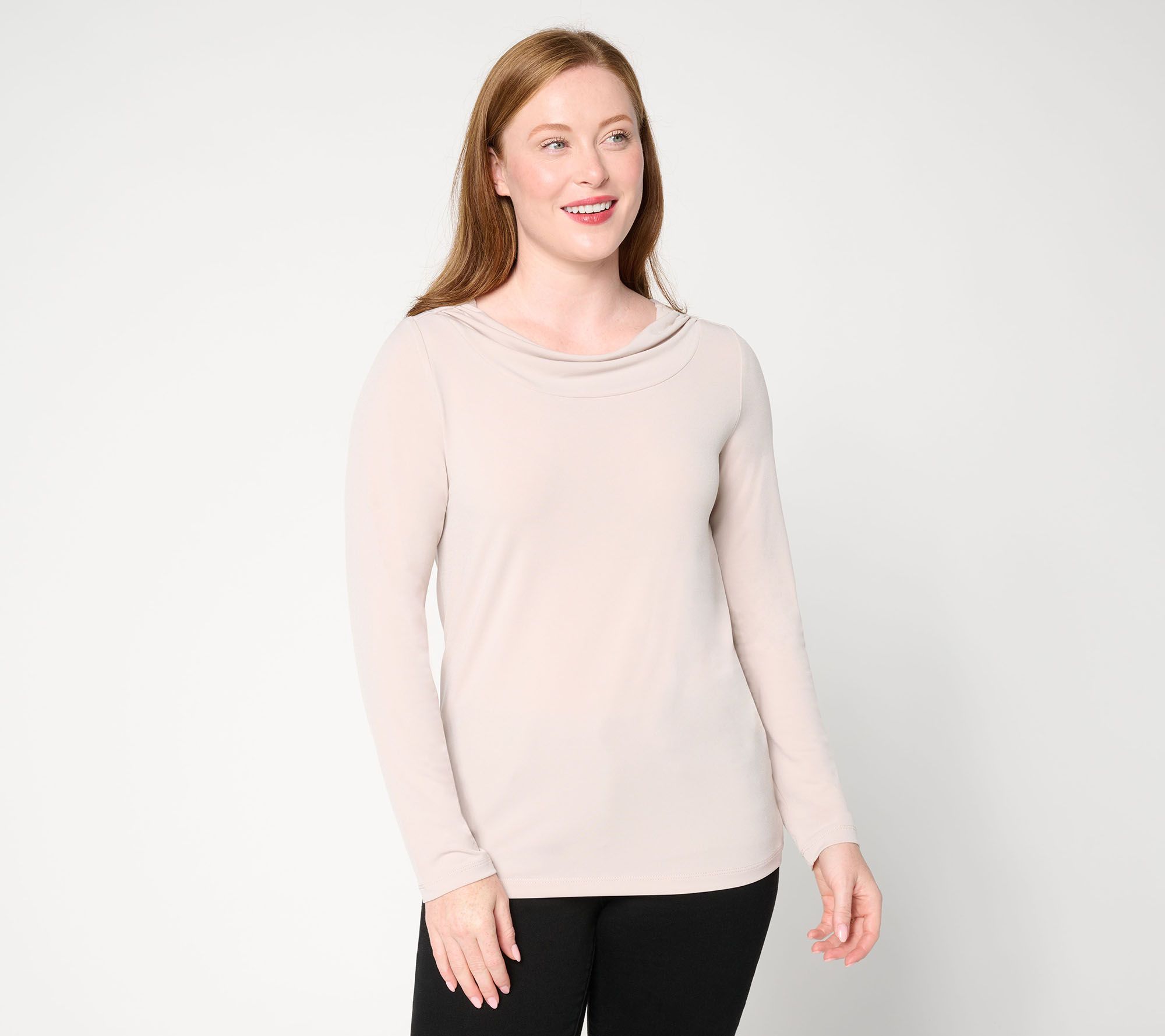 Susan Graver Liquid Knit Cowl Neck Long -Sleeve Top