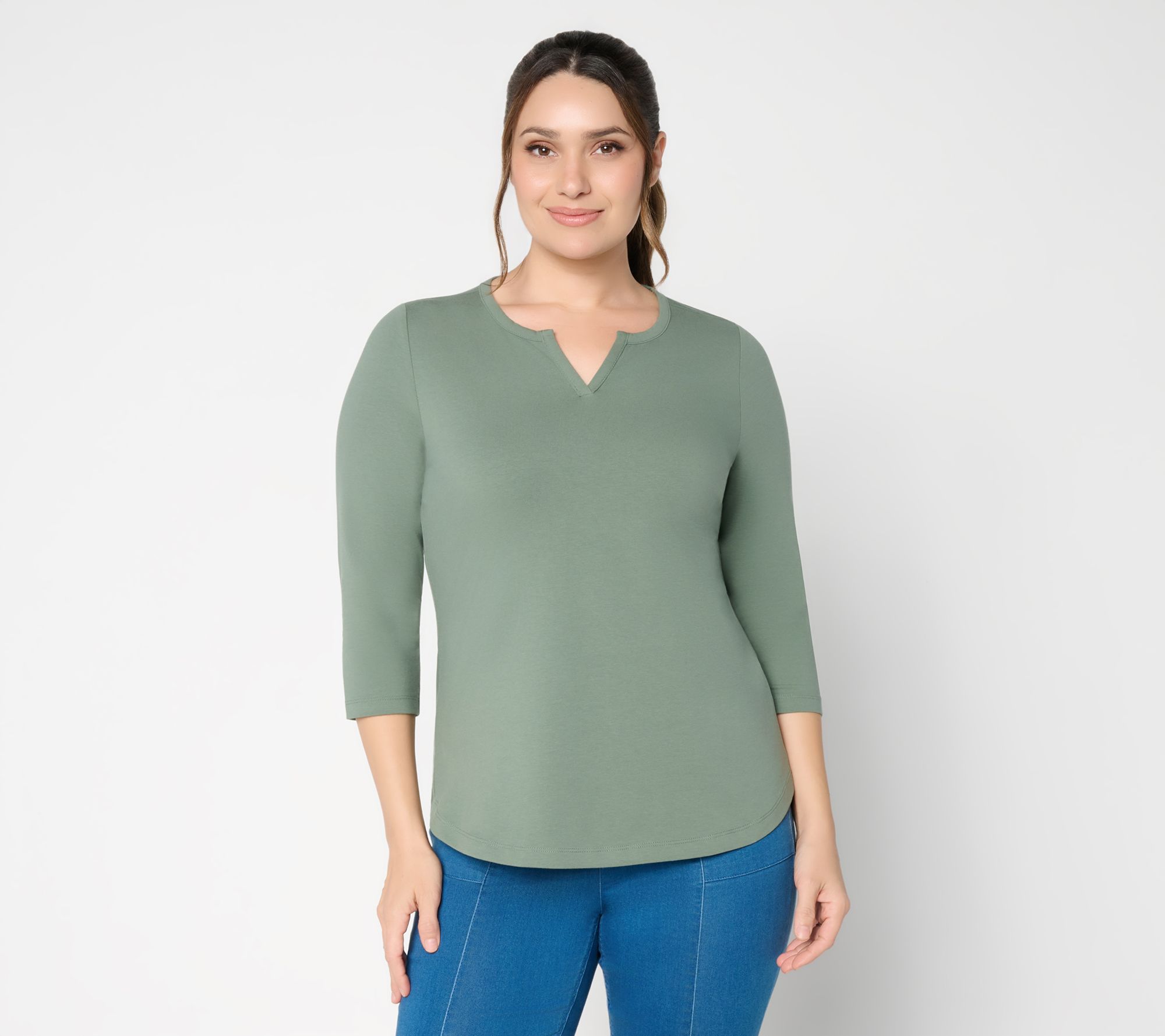  Denim & Co. Essentials Perfect Jersey Split Neck 3/4-Sleeve Top